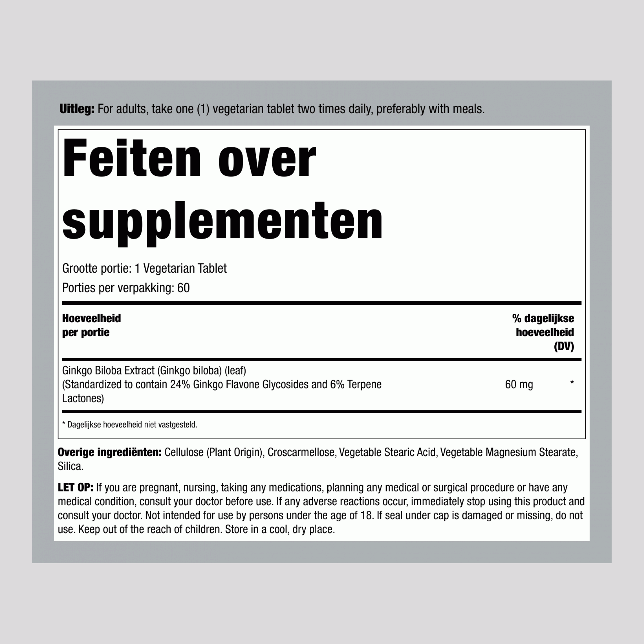 Ginkgo Biloba gestandaardiseerd extract, 60 mg, 60 tabletten, 2 flessen