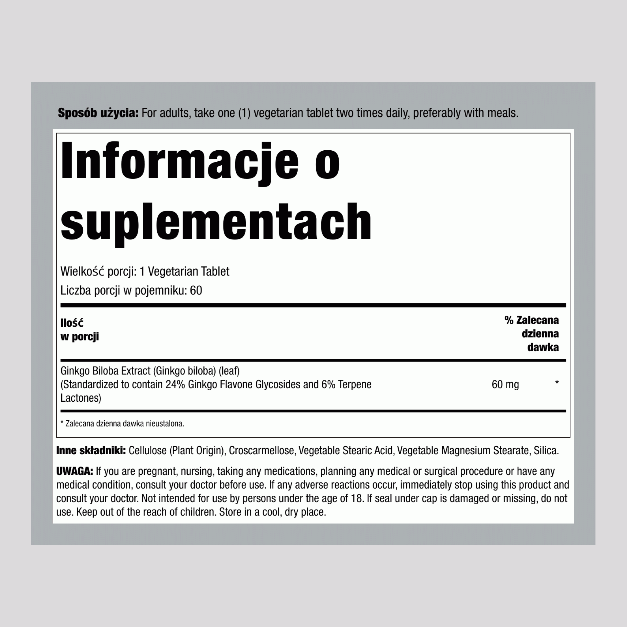 Standaryzowany Ekstrakt Ginkgo Biloba, 60 mg, 60 tabletek, 2 butelki