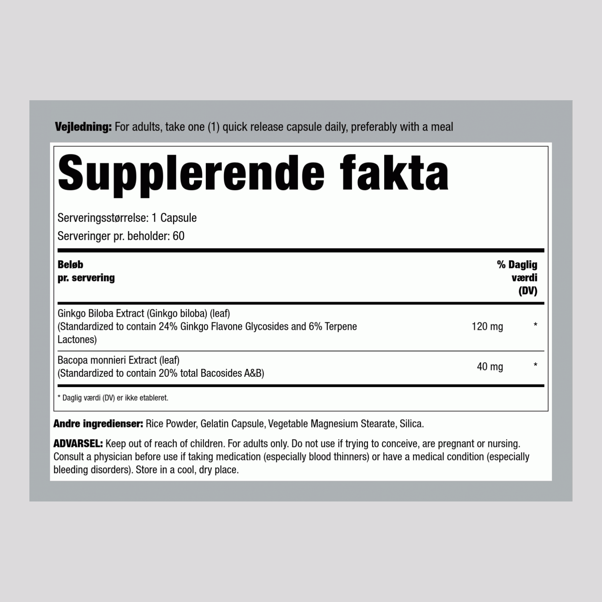 Ginkgo Biloba Standardiseret Ekstrakt 120 mg 60 Kapsler     