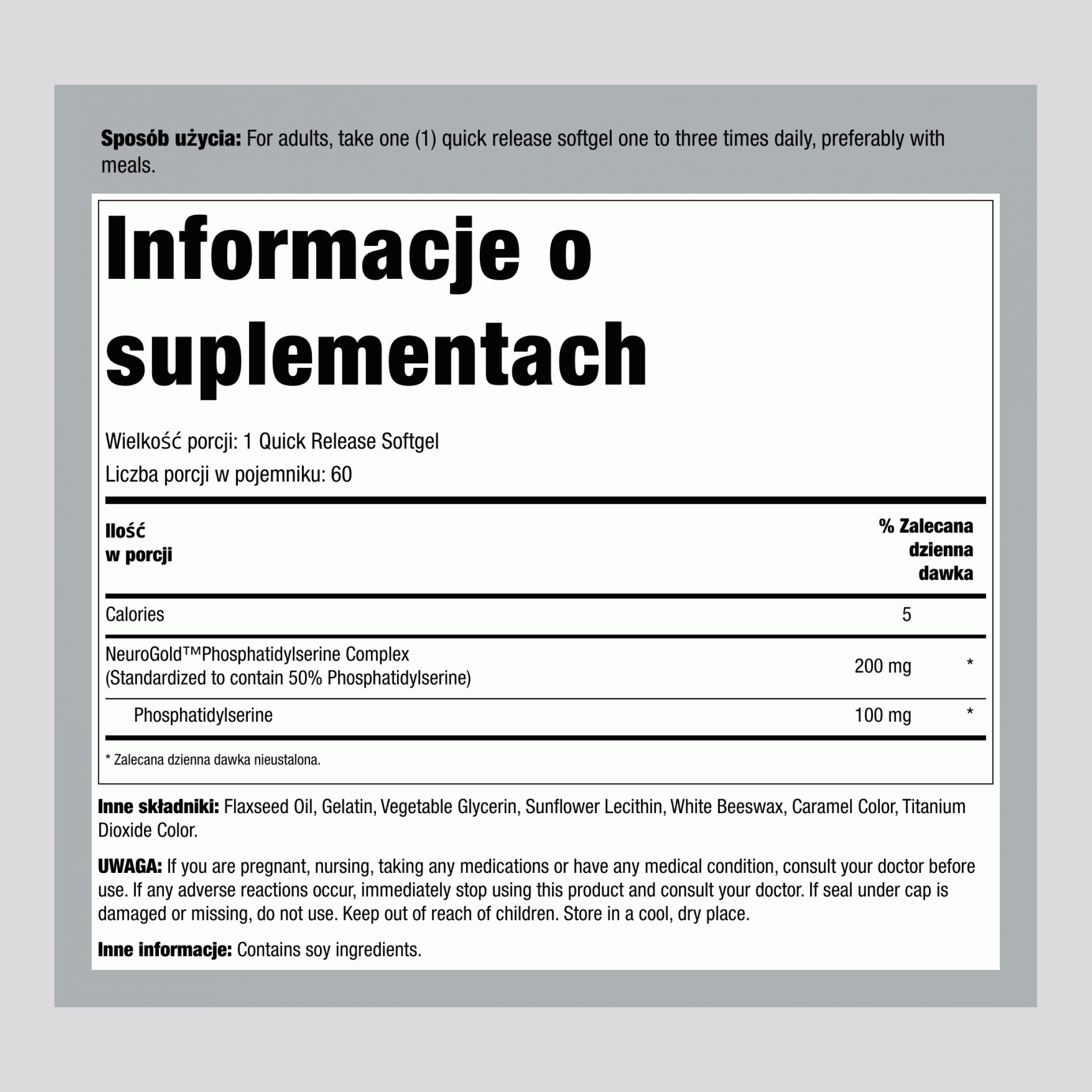 Fosfatydyloseryna (PS) 100 mg 60 Miękkie kapsułki żelowe o szybkim uwalnianiu     