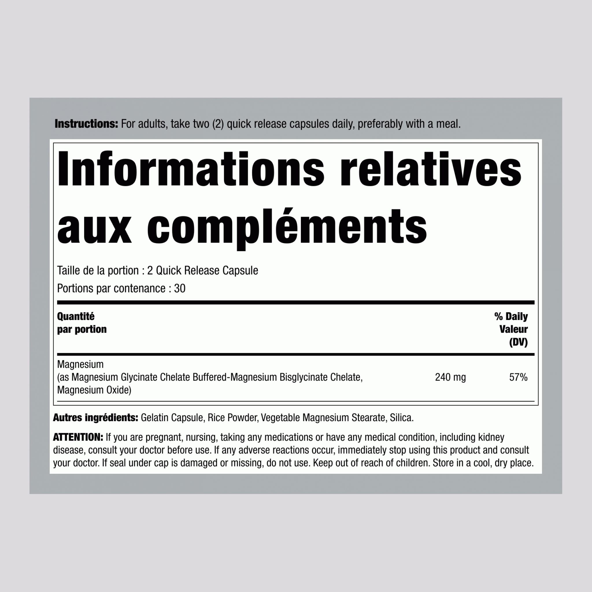 Magnésium chélaté 240 mg (par portion) 60 Gélules à libération rapide    