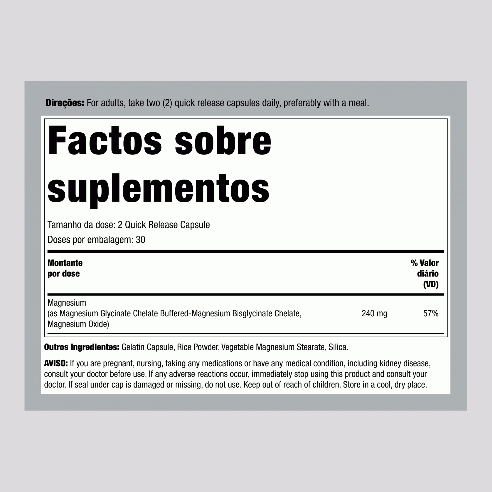 Magnésio quelatado 240 mg (por dose) 60 Cápsulas de Rápida Absorção    