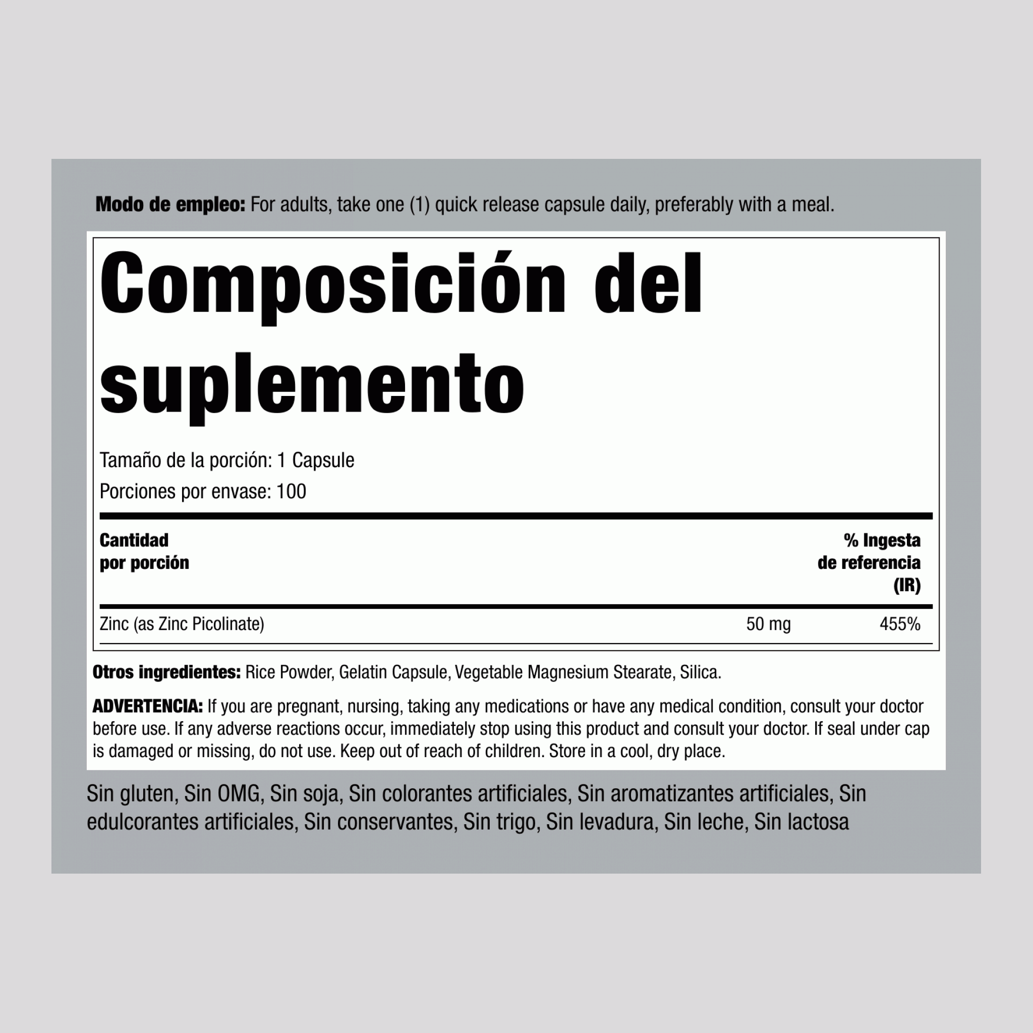Picolinato de cinc 50 mg 100 Cápsulas de liberación rápida     