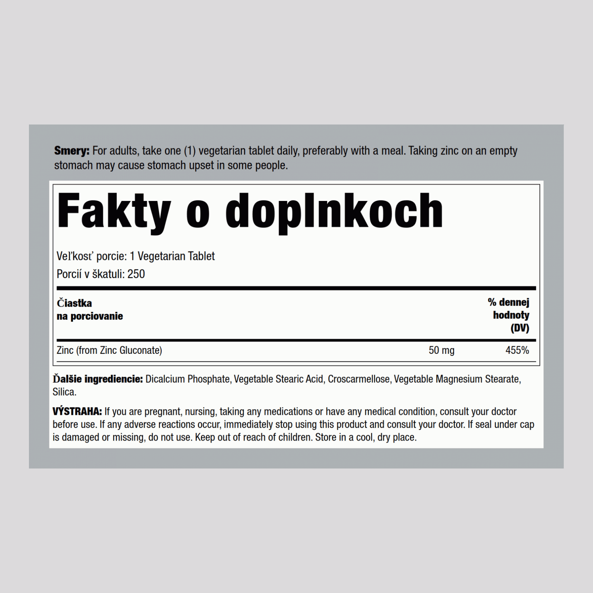 Glukonát zinočnatý 50 mg 250 Vegetariánske tablety     