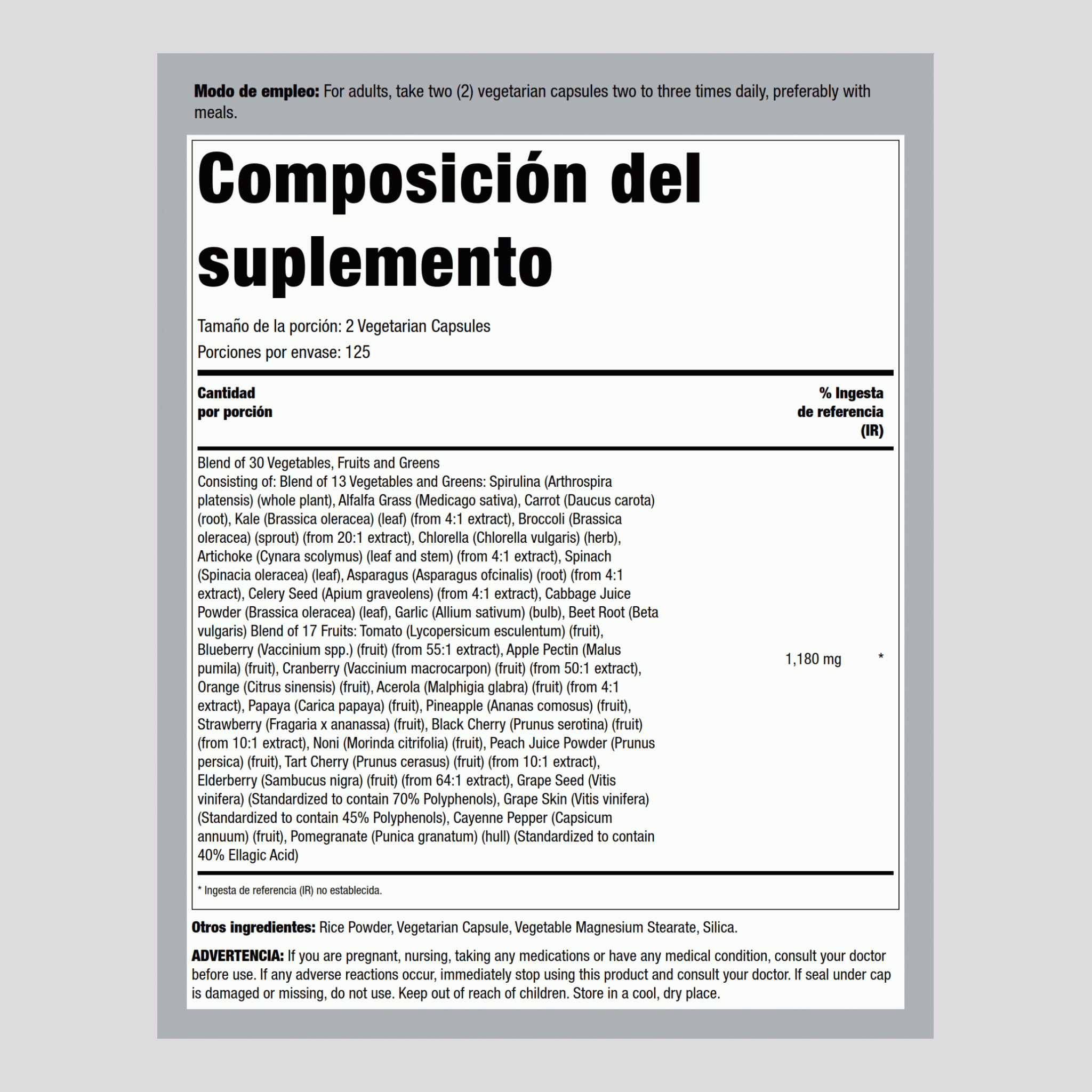 Frutas y verduras para una buena salud 250 Cápsulas vegetarianas 2 Botellas/Frascos     