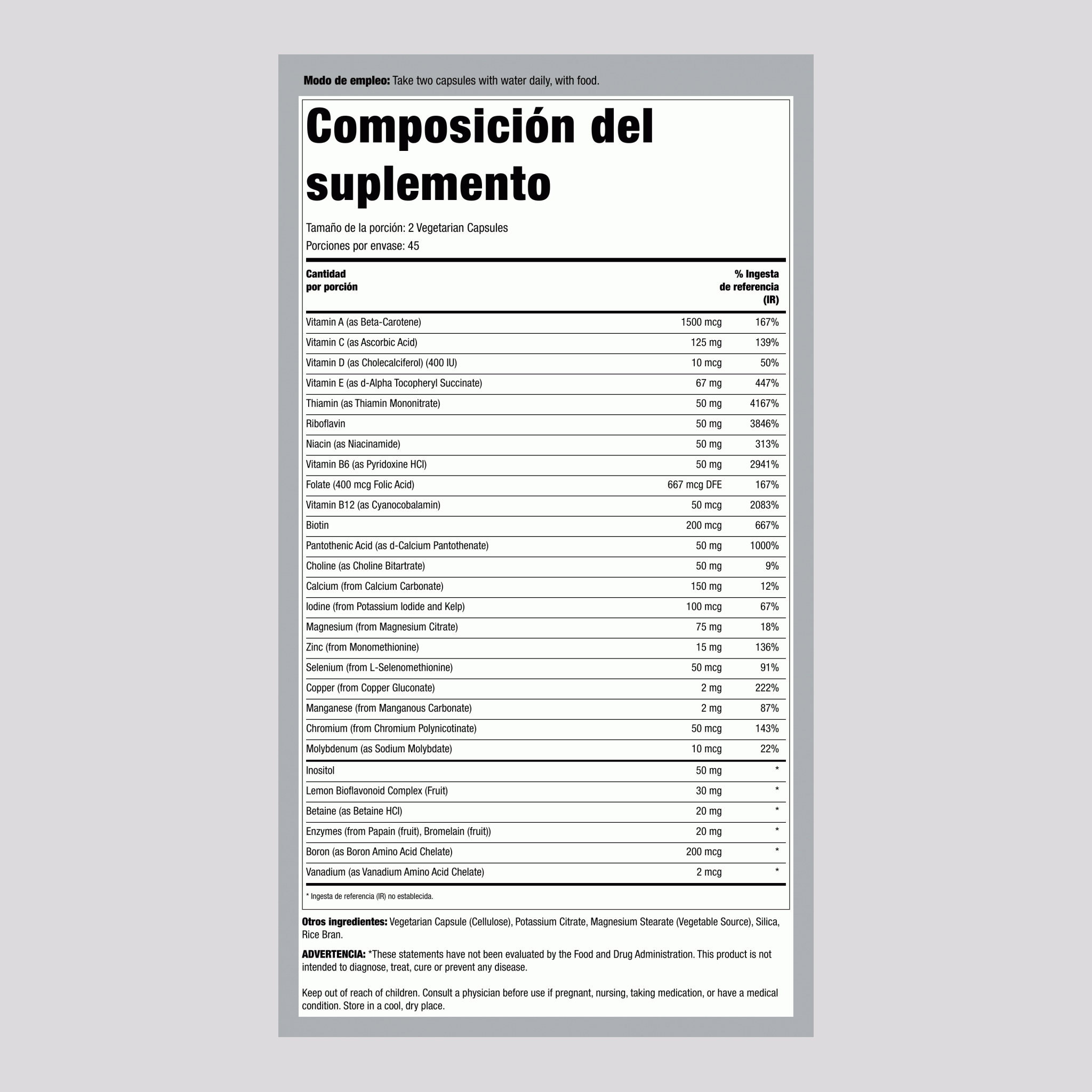 Cápsulas multivitaminas sin hierro 90 Cápsulas vegetarianas       