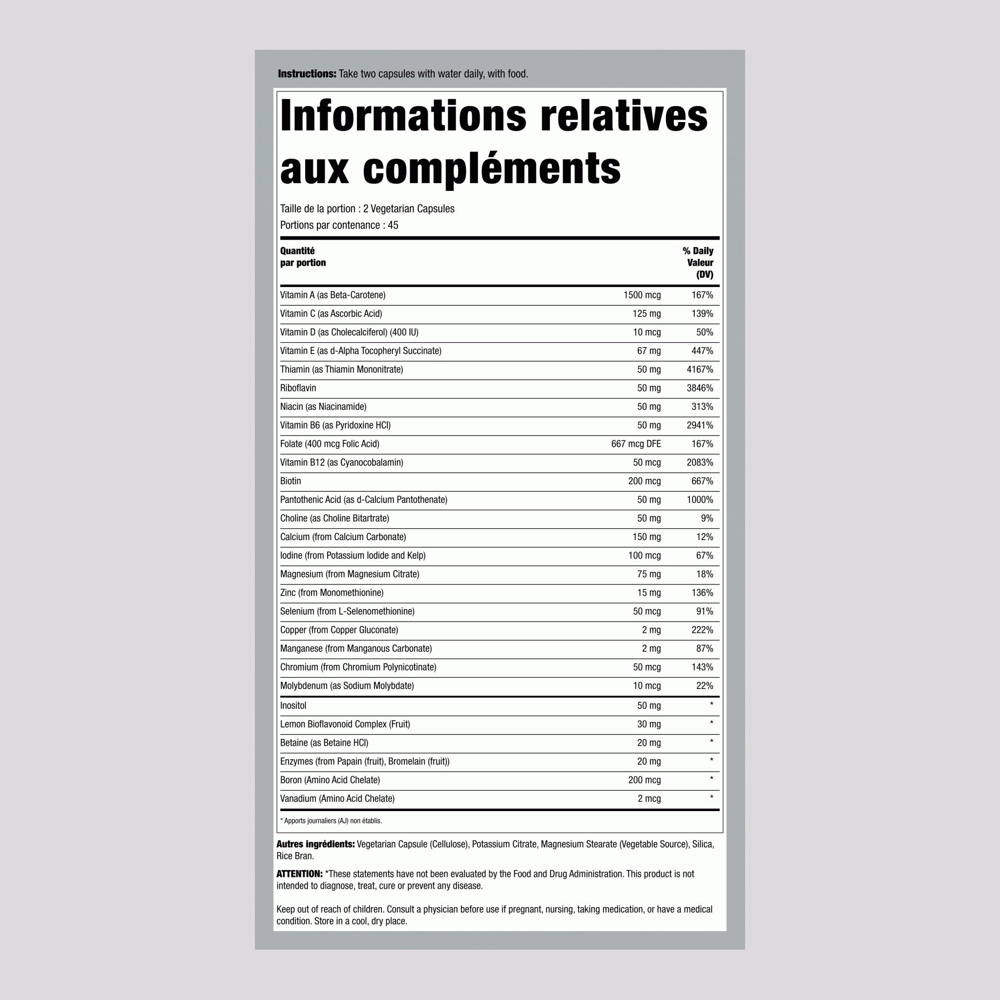 Gélules multivitamines sans fer 90 Gélules végétales 2 Bouteilles     