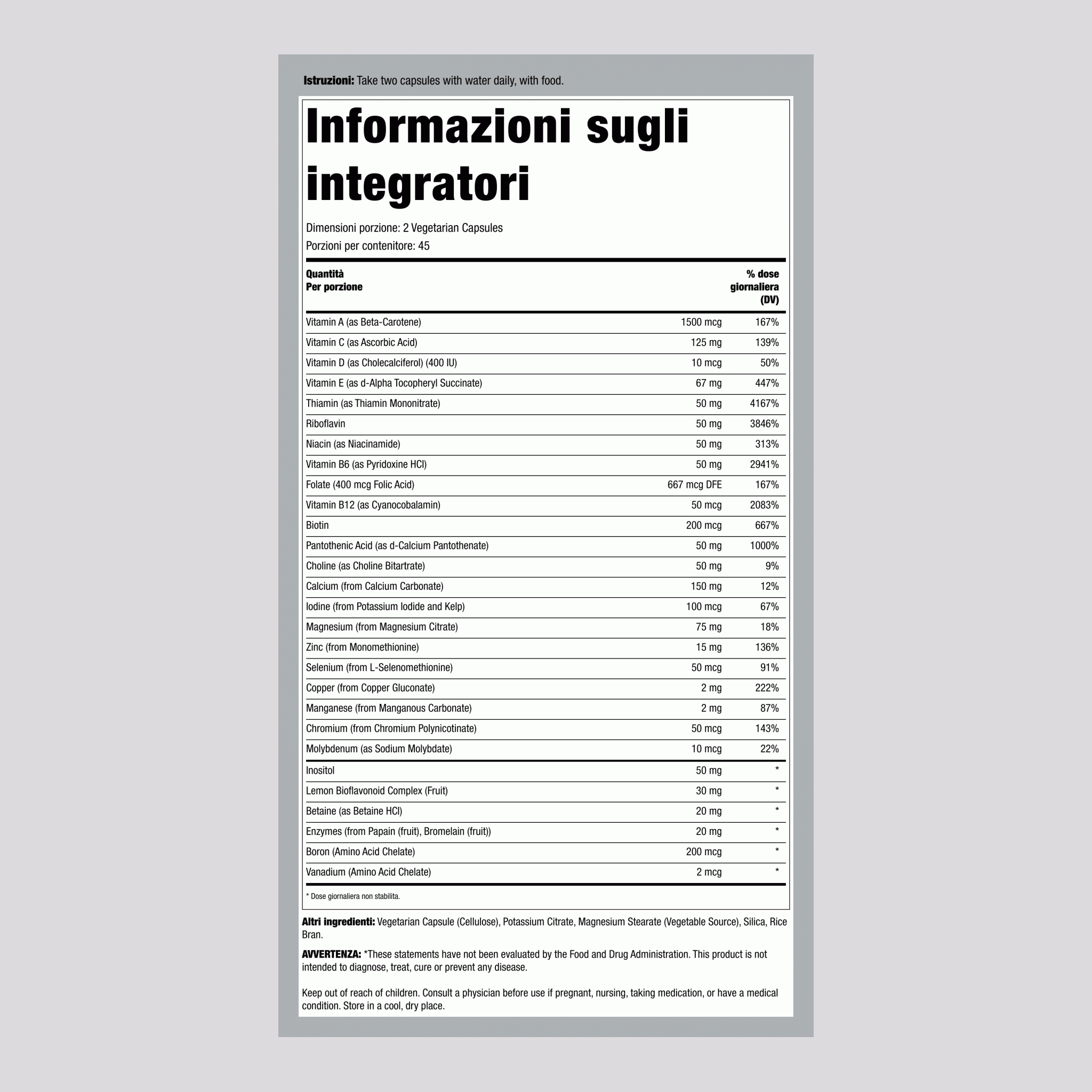 Multivitaminico in capsule senza ferro 90 Capsule vegetariane 2 Bottiglie     