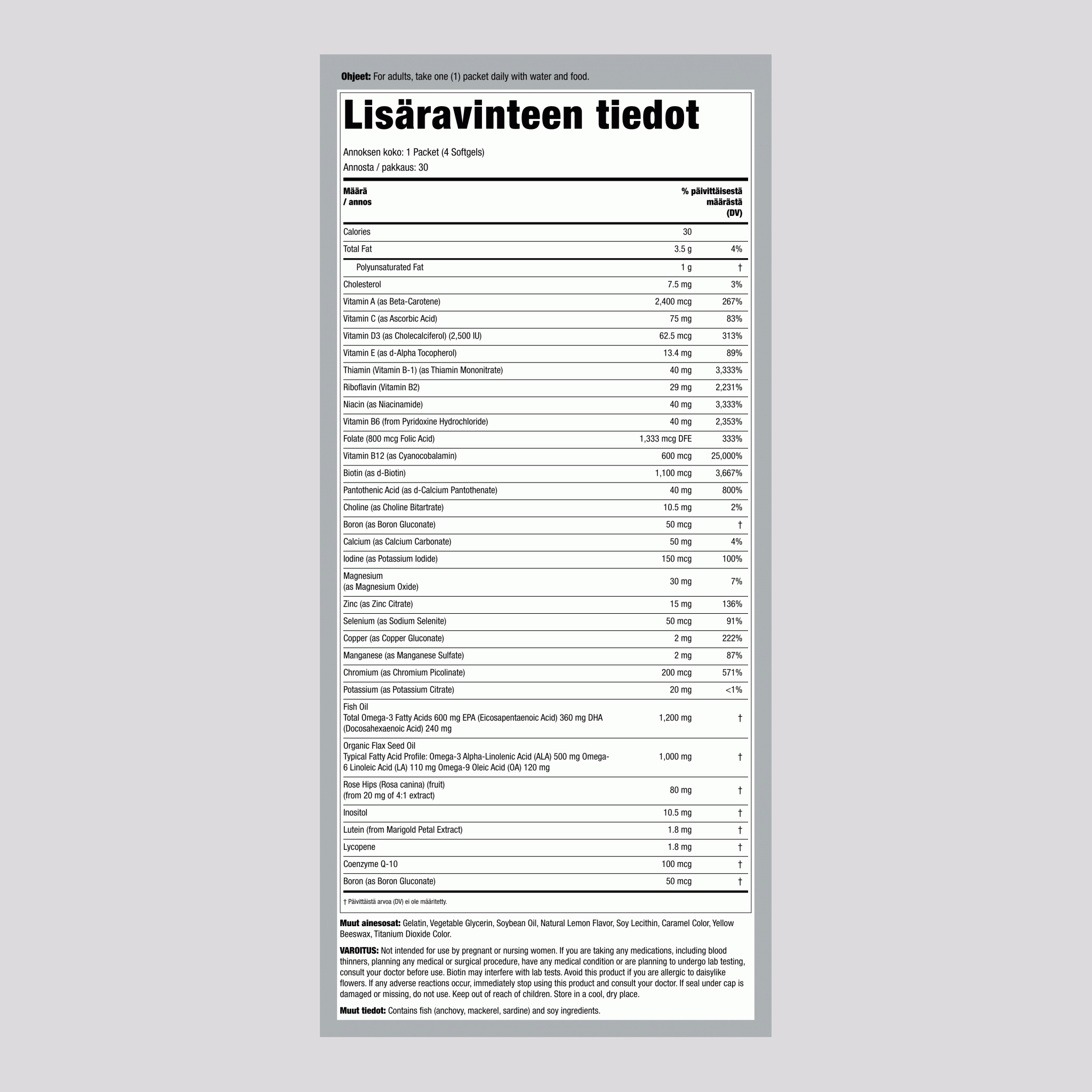 Vitamiinipakkaus, sis. omega-3 30 Rasiat       