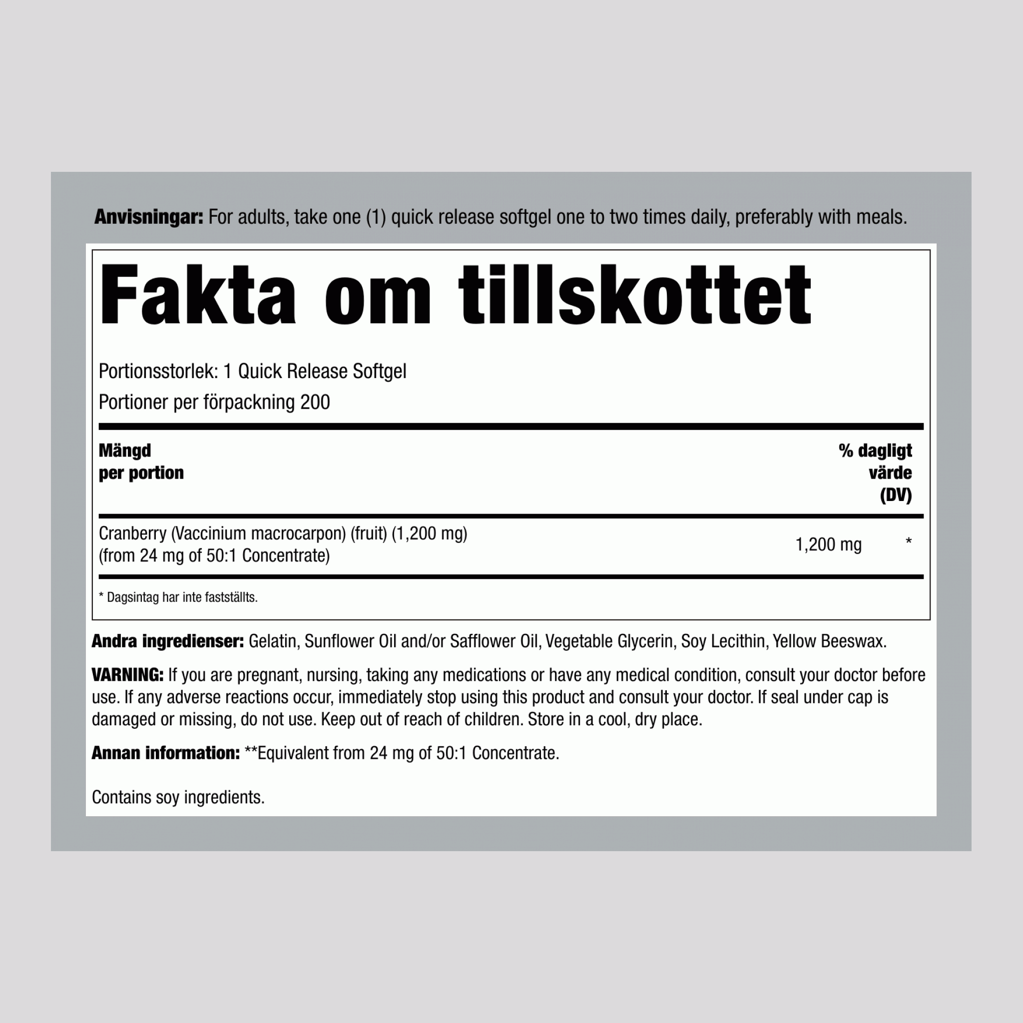 Tranbärsextrakt 1200 mg 200 Gelékapslar     