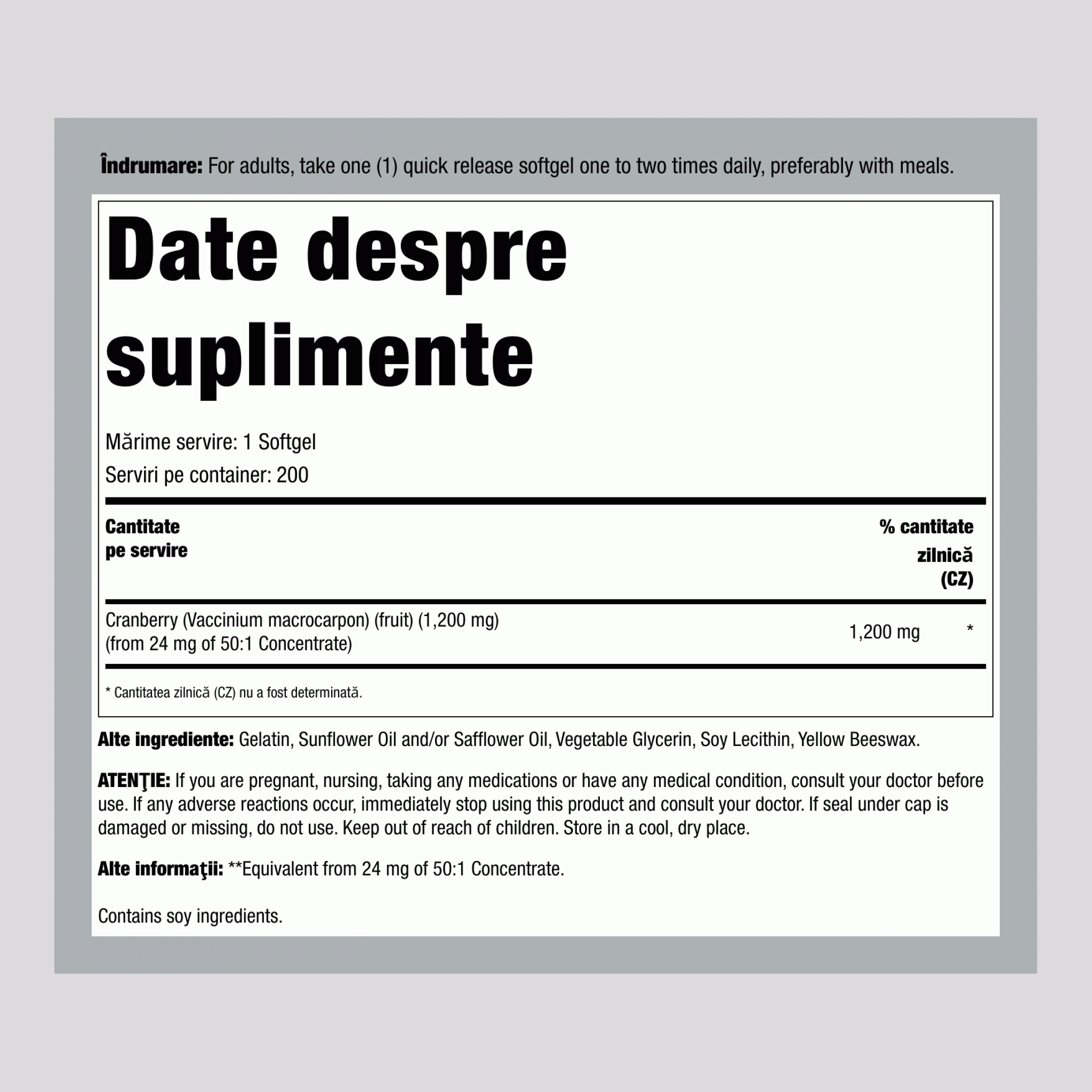 Extract de merișoare 1200 mg 200 Capsule moi 2 Sticle    