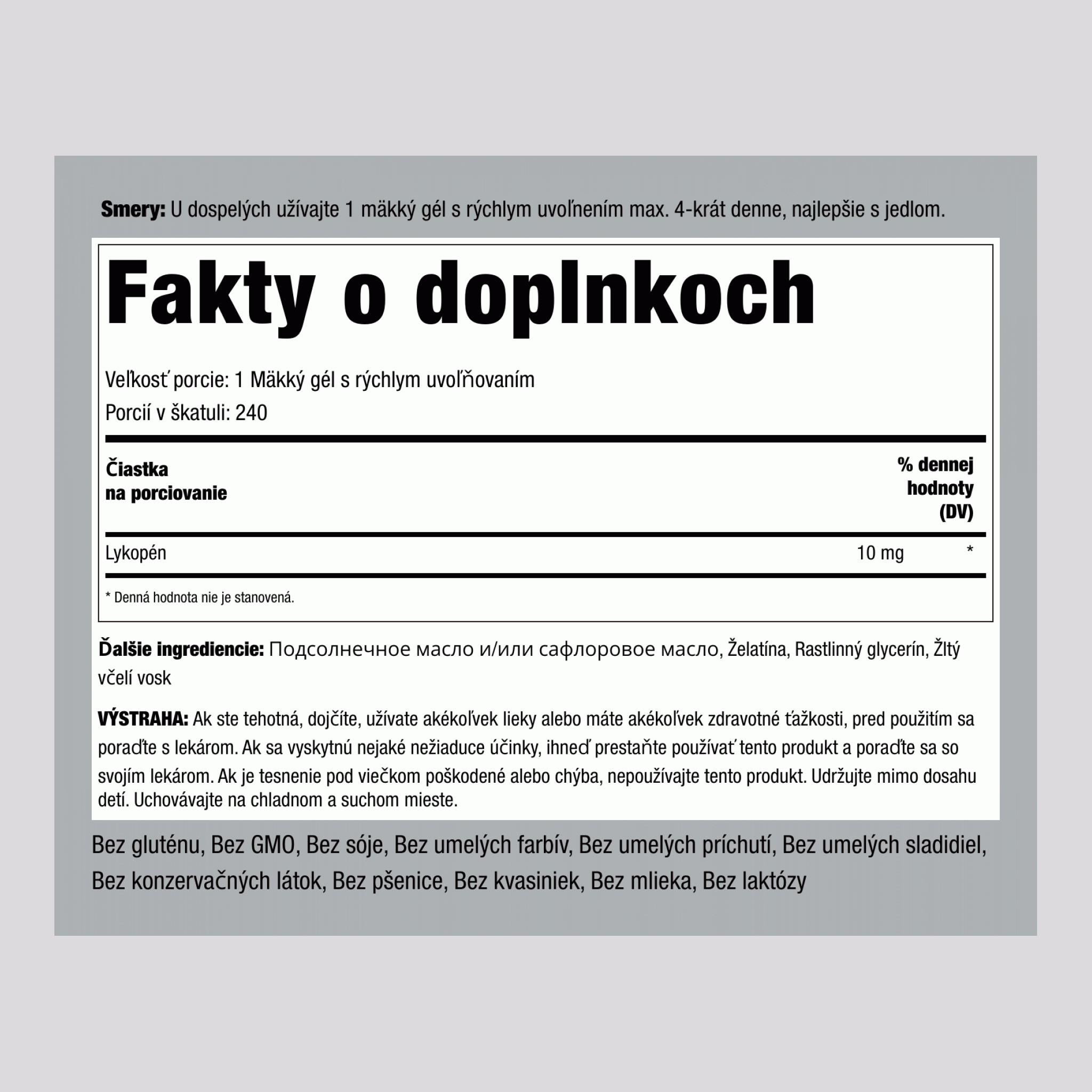 Lykopén  10 mg 240 Mäkké gély s rýchlym uvoľňovaním     