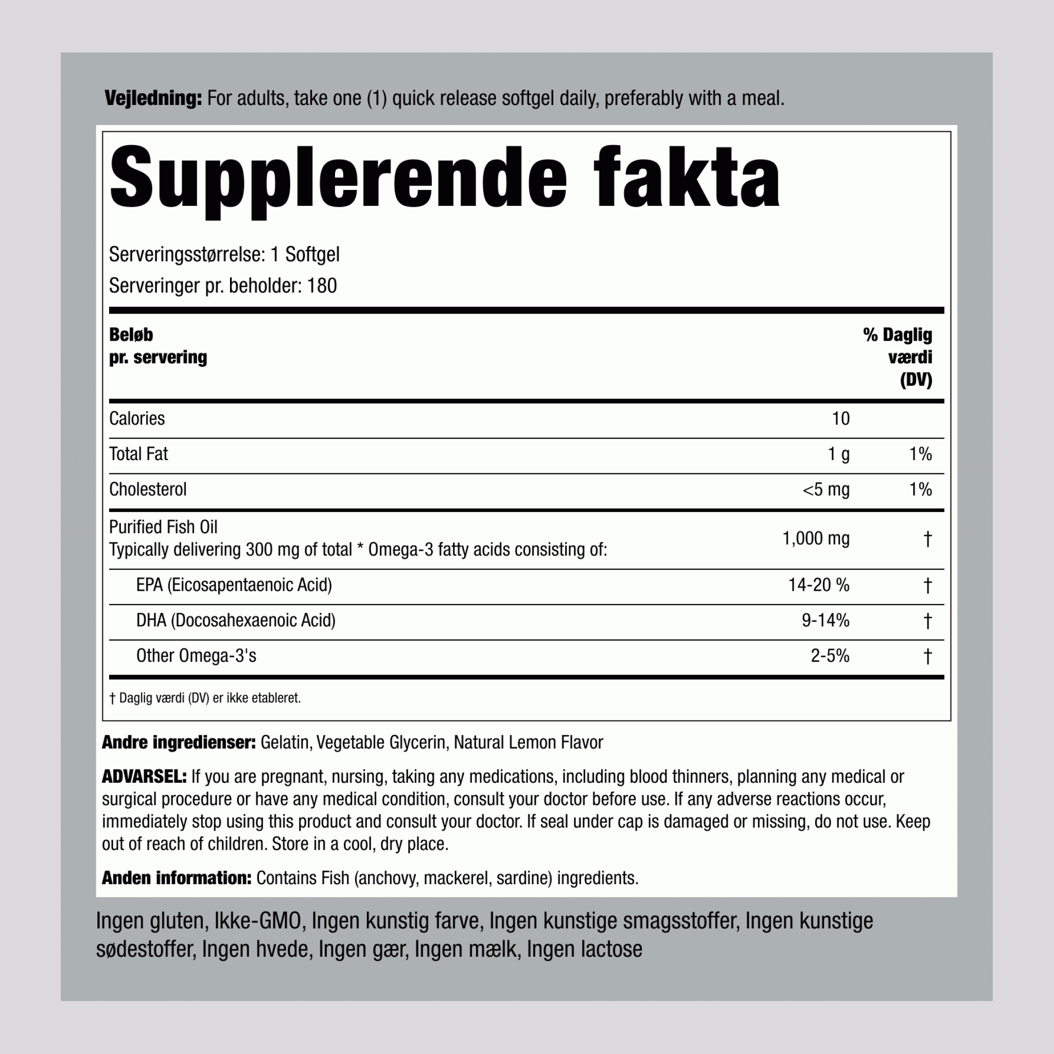 Omega-3-fiskeolie med almindelig styrke (citron) 1000 mg 180 Softgel for hurtig frigivelse     