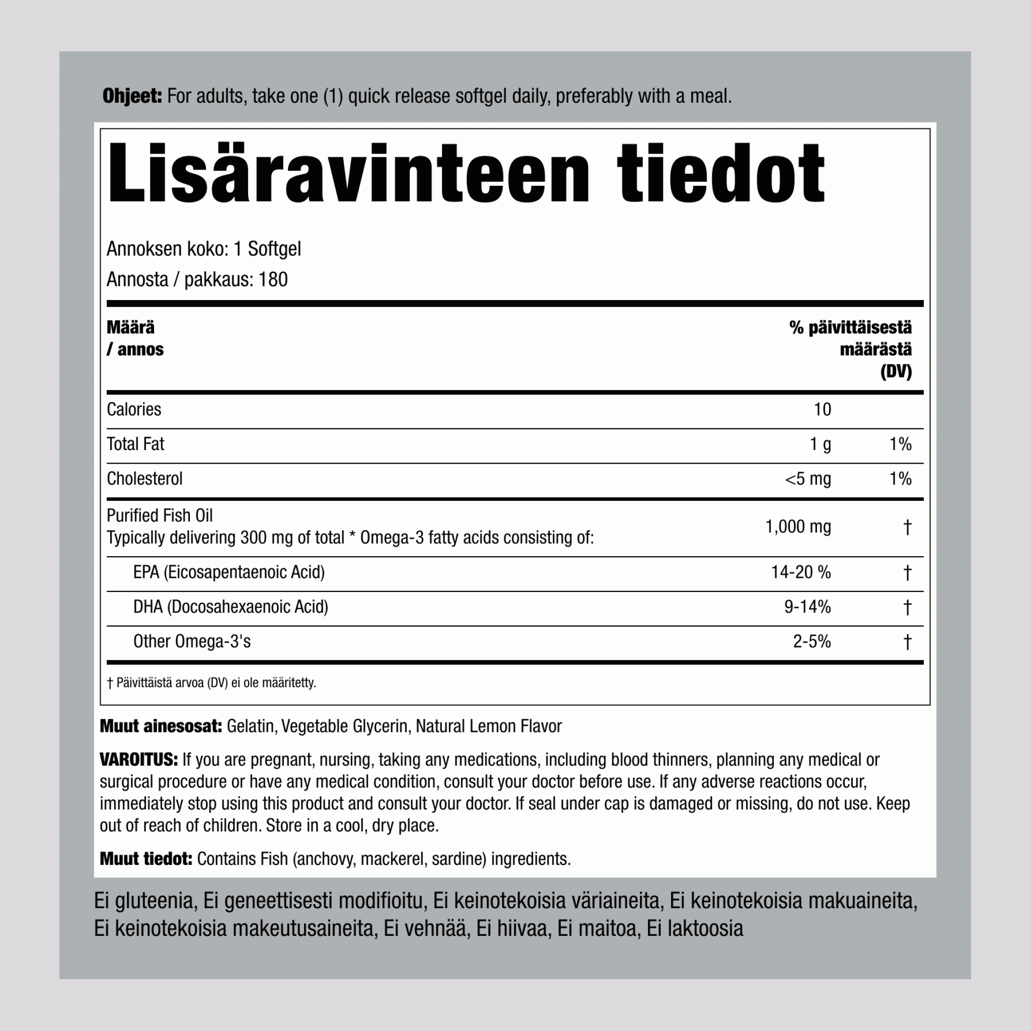 Omega-3-kalaöljy, normaali vahvuus (sitruuna) 1000 mg 180 Pikaliukenevat geelit     