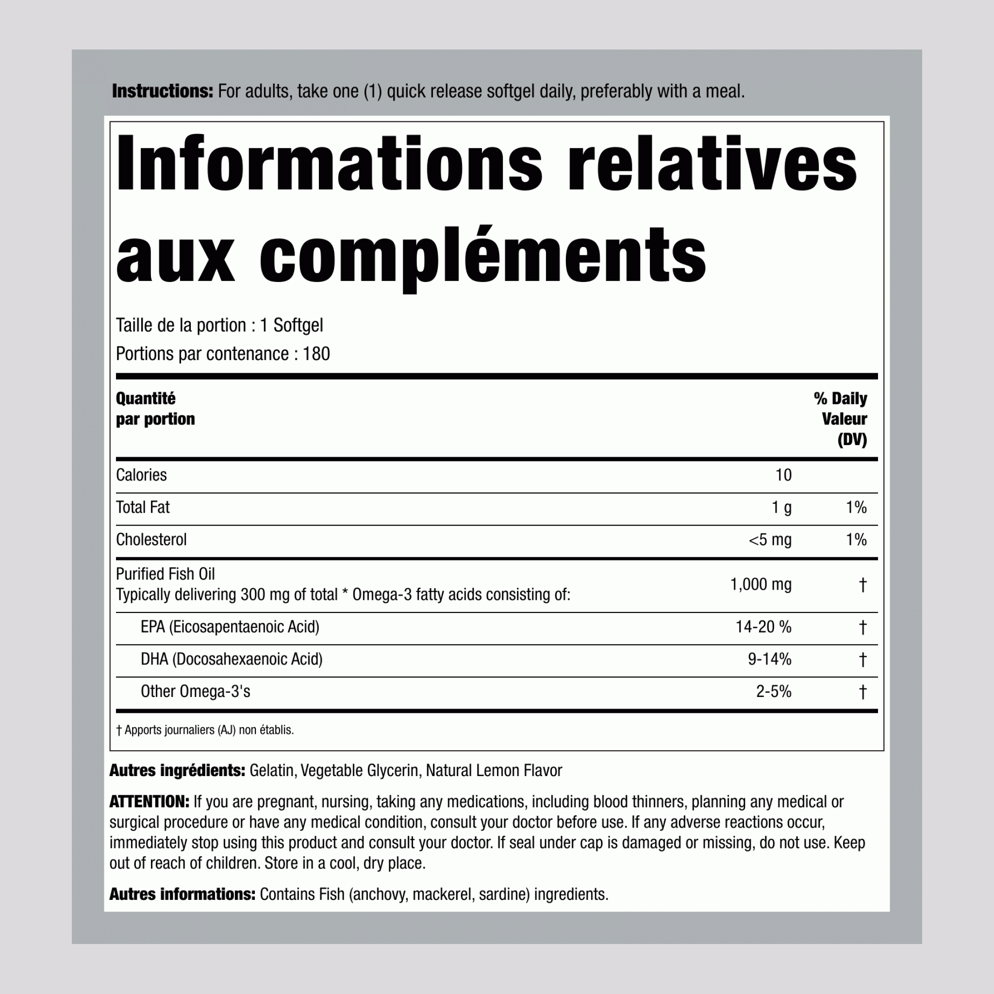 Huile de poisson riche en oméga-3 Concentration normale (arôme citron) 1000 mg 180 Capsules molles à libération rapide     