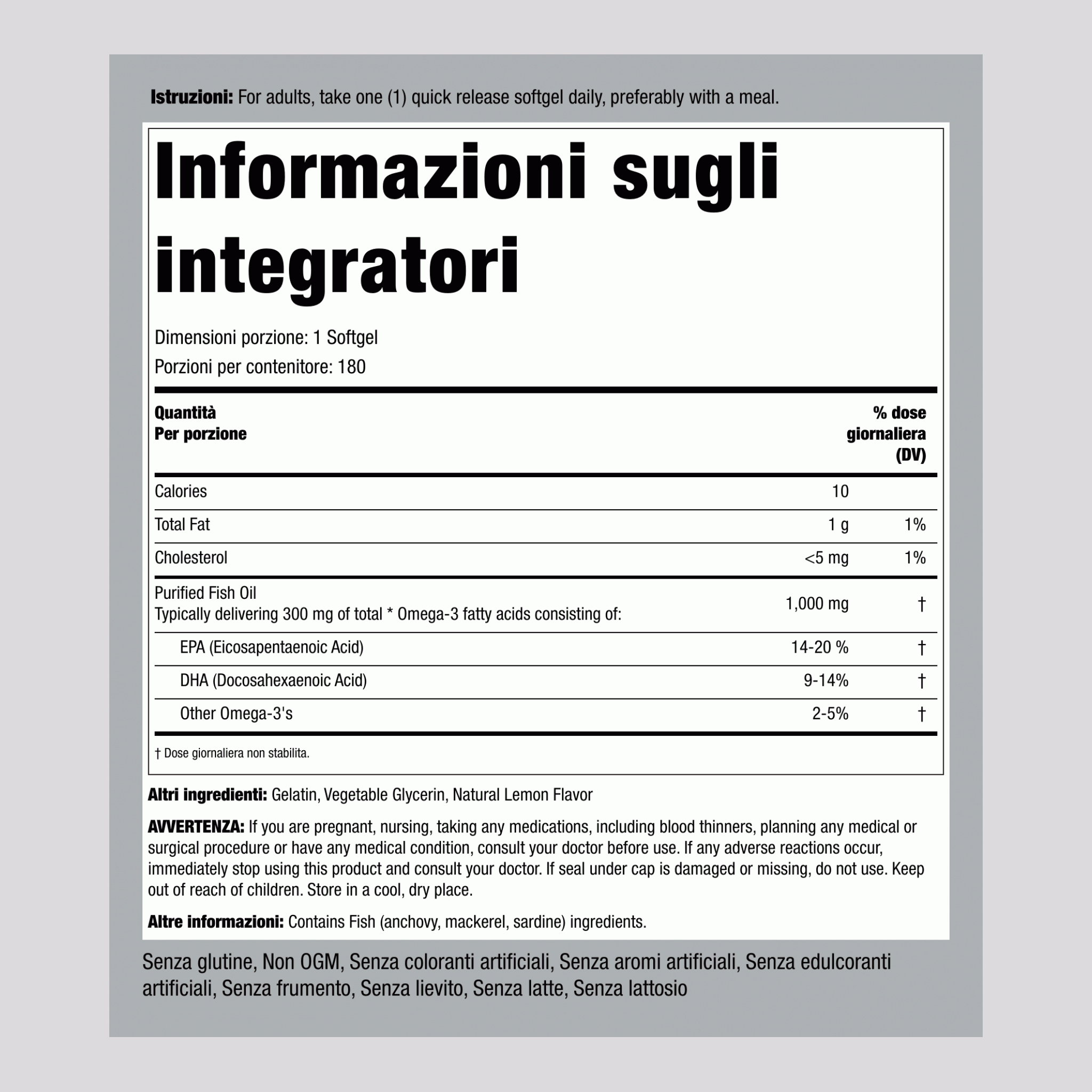 Olio di pesce Omega-3, intensità normale (limone) 1000 mg 180 Capsule in gelatina molle a rilascio rapido     