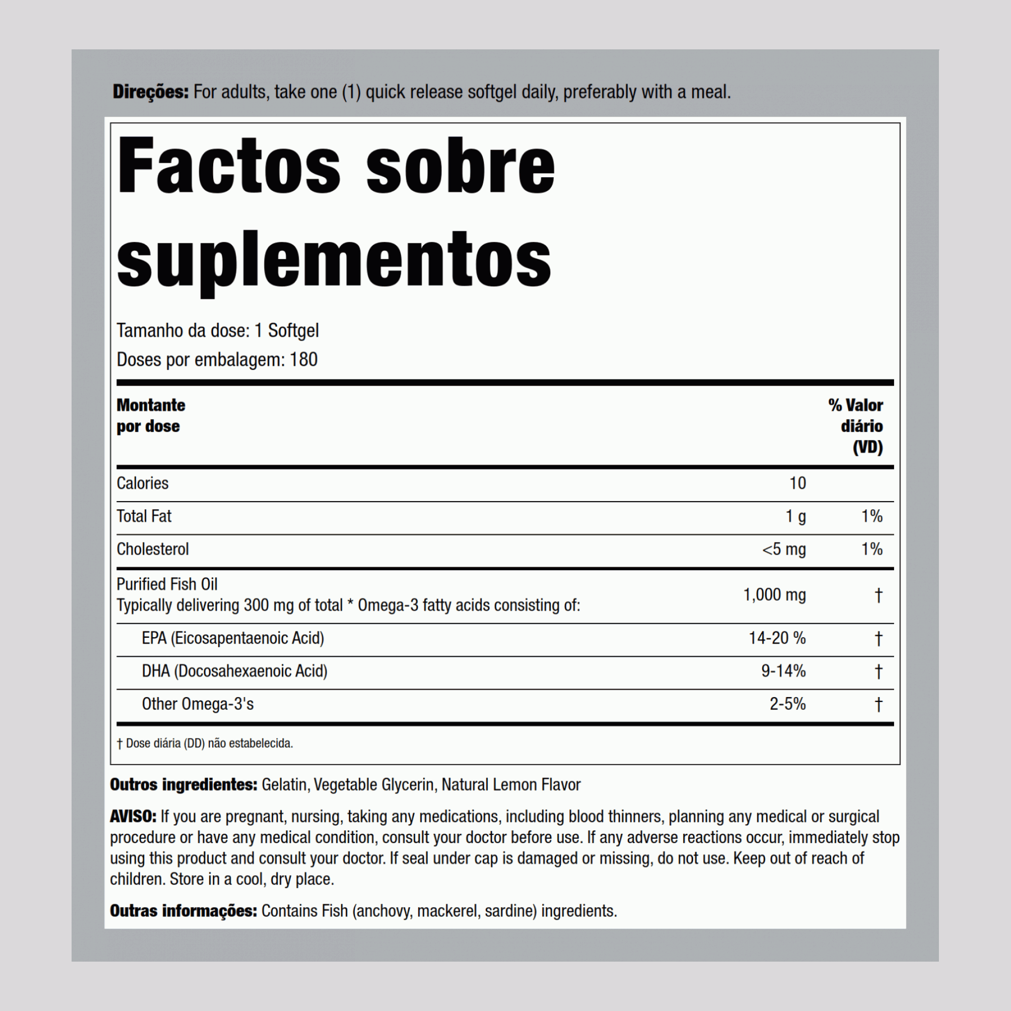 Óleo de Peixe Ômega 3 Força Normal (sabor limão) 1000 mg 180 Gels de Rápida Absorção     