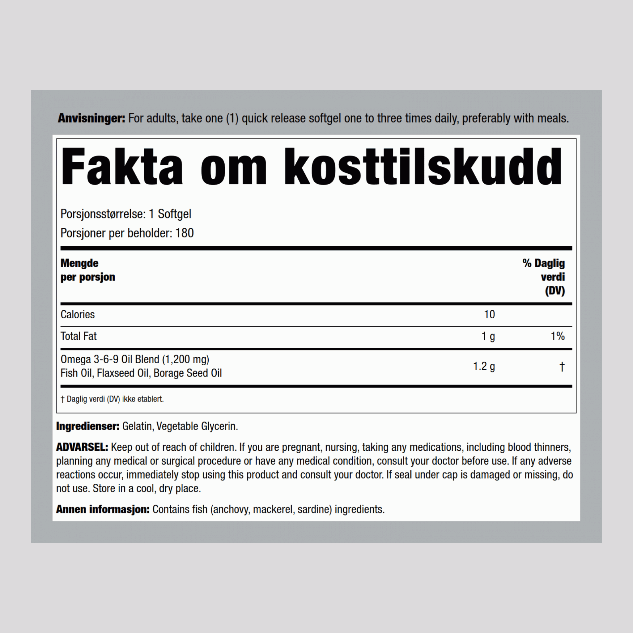 Omega 3-6-9 Fisk, Hør og Agurkurt 1200 mg 180 Hurtigvirkende myke geleer     