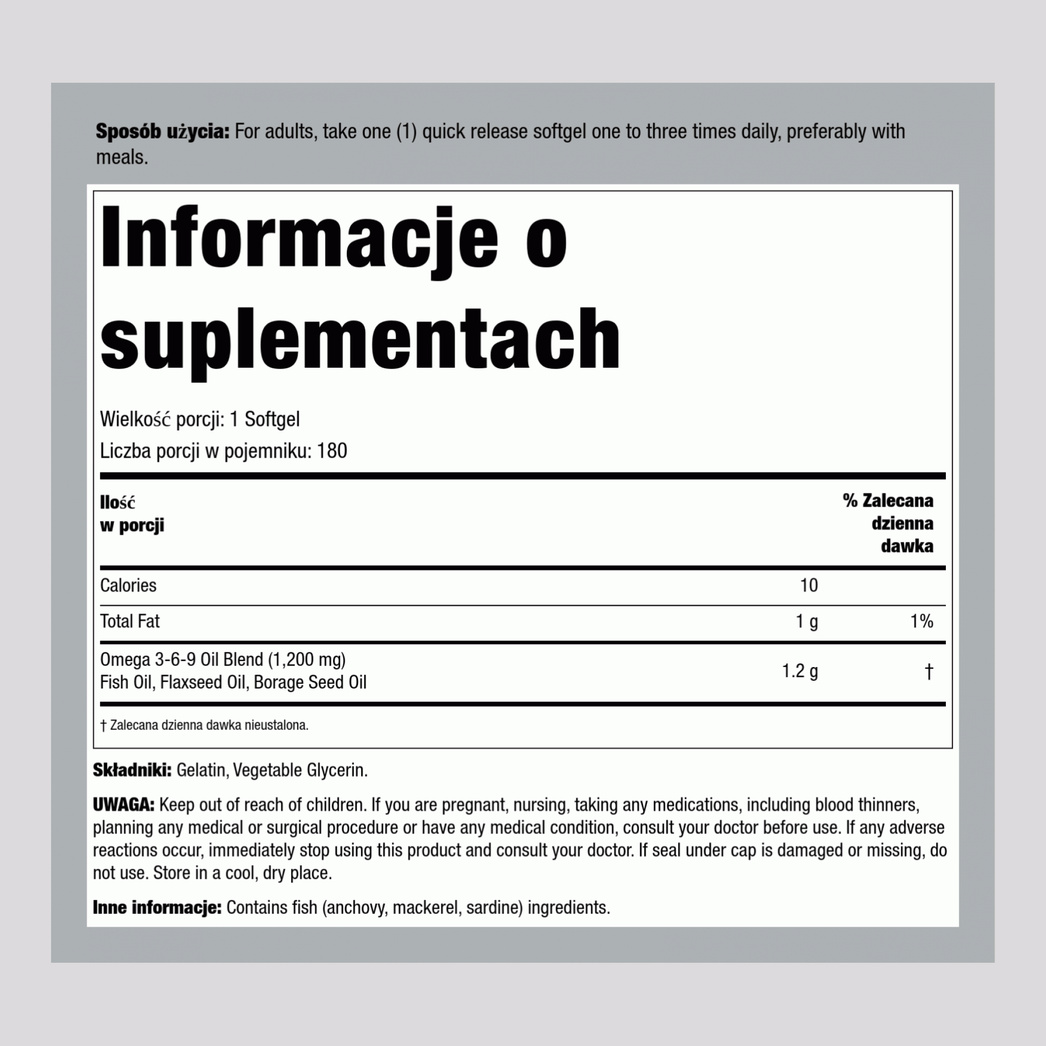 Omega 3-6-9, ryby, len i ogórecznik lekarski 1200 mg 180 Miękkie kapsułki żelowe o szybkim uwalnianiu     
