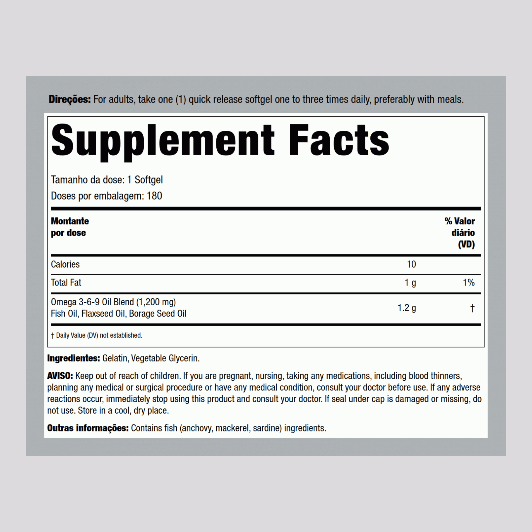 Ómega 3-6-9 Peixe, linhaça e borragem 1200 mg 180 Gels de Rápida Absorção     