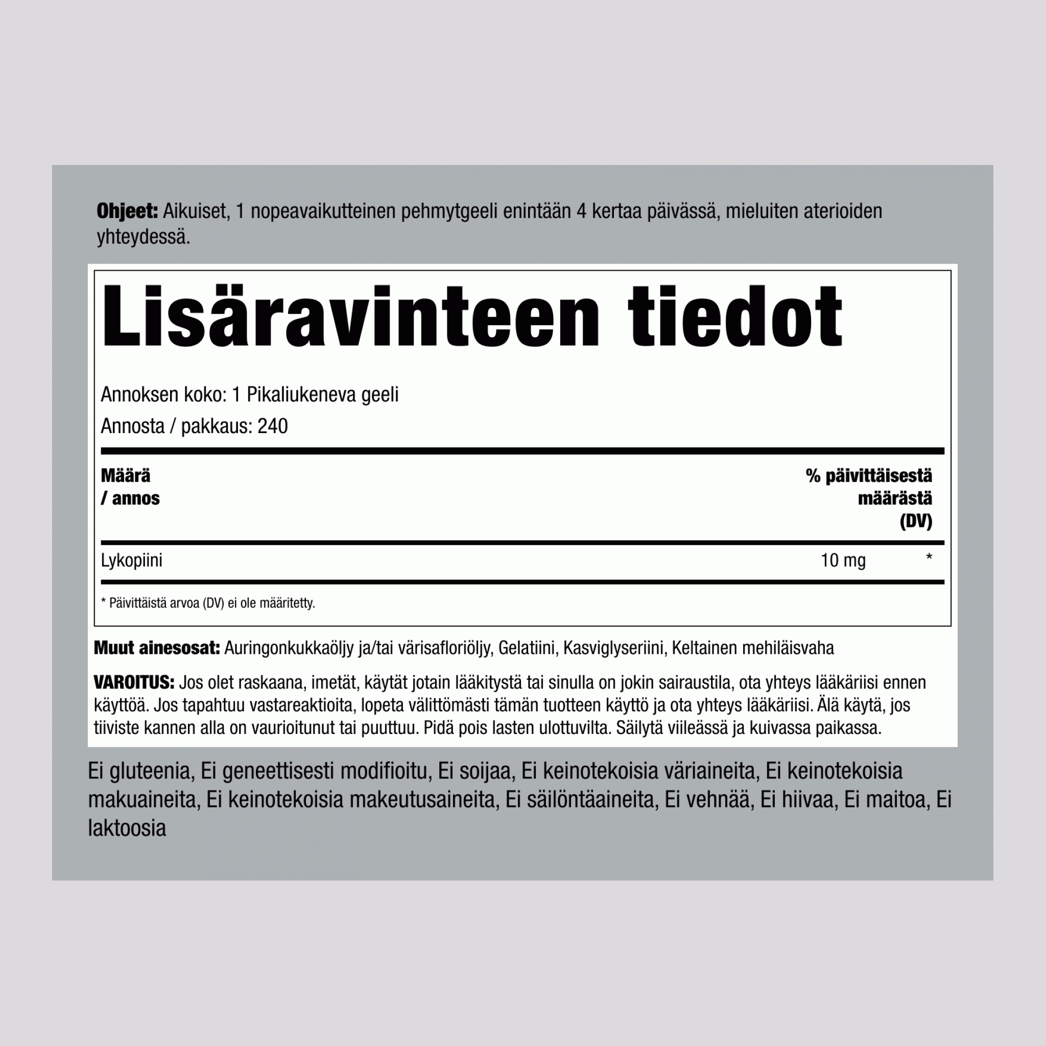 Lykopeeni  10 mg 240 Pikaliukenevat geelit 2 Pulloa   