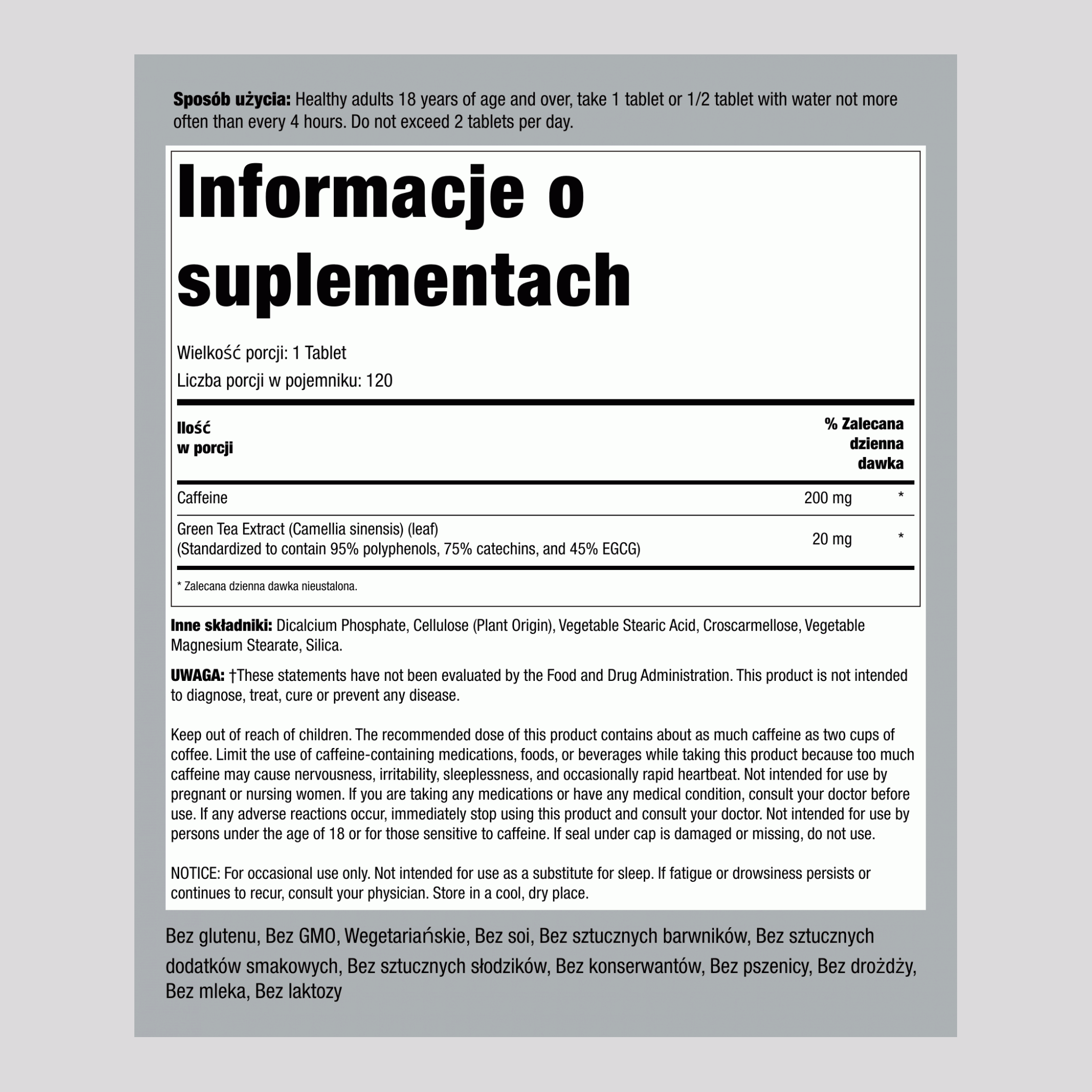 Kofeina 200 mg z wyciągiem z zielonej herbaty 120 Tabletki       