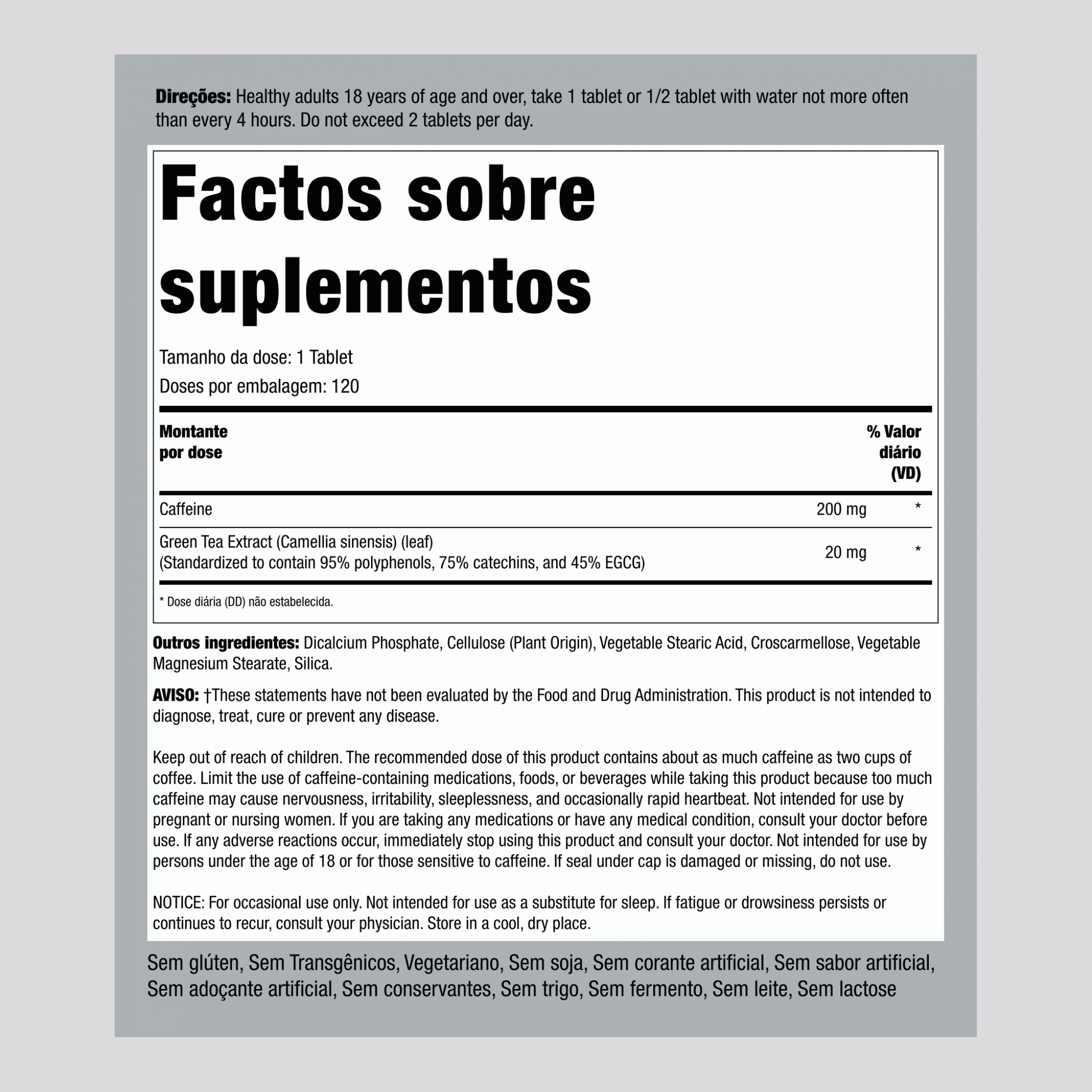 Cafeína 200 mg com extrato de chá verde 120 Comprimidos       