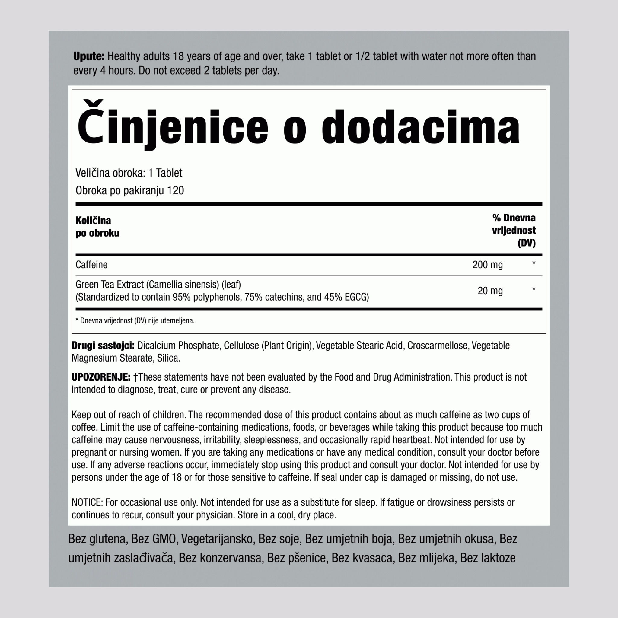 Kofein 200 mg s ekstraktom zelenog čaja,  120 Tablete 2 Boce