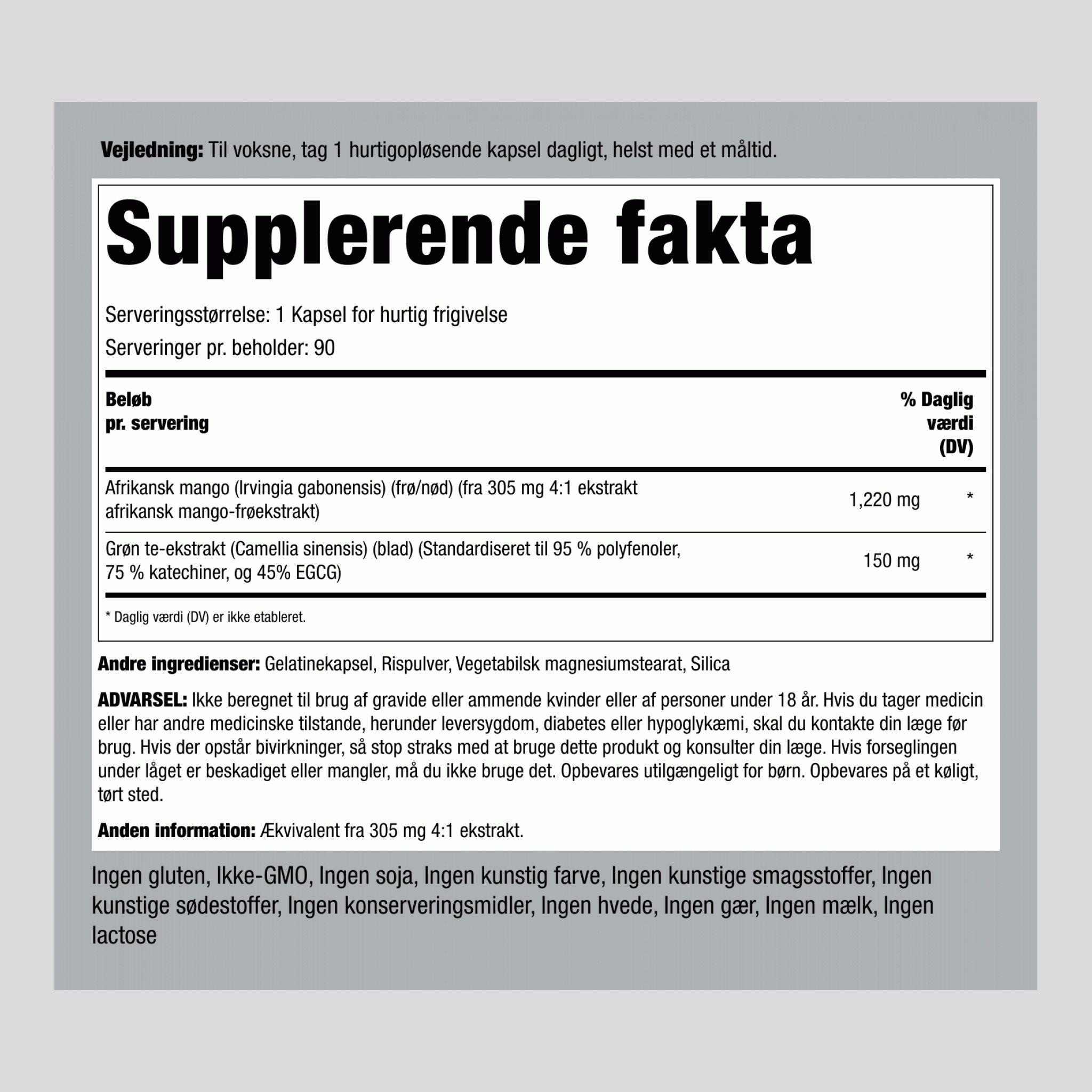 Afrikansk mango og grøn te 1220 mg 90 Kapsler for hurtig frigivelse ,2 Flasker   