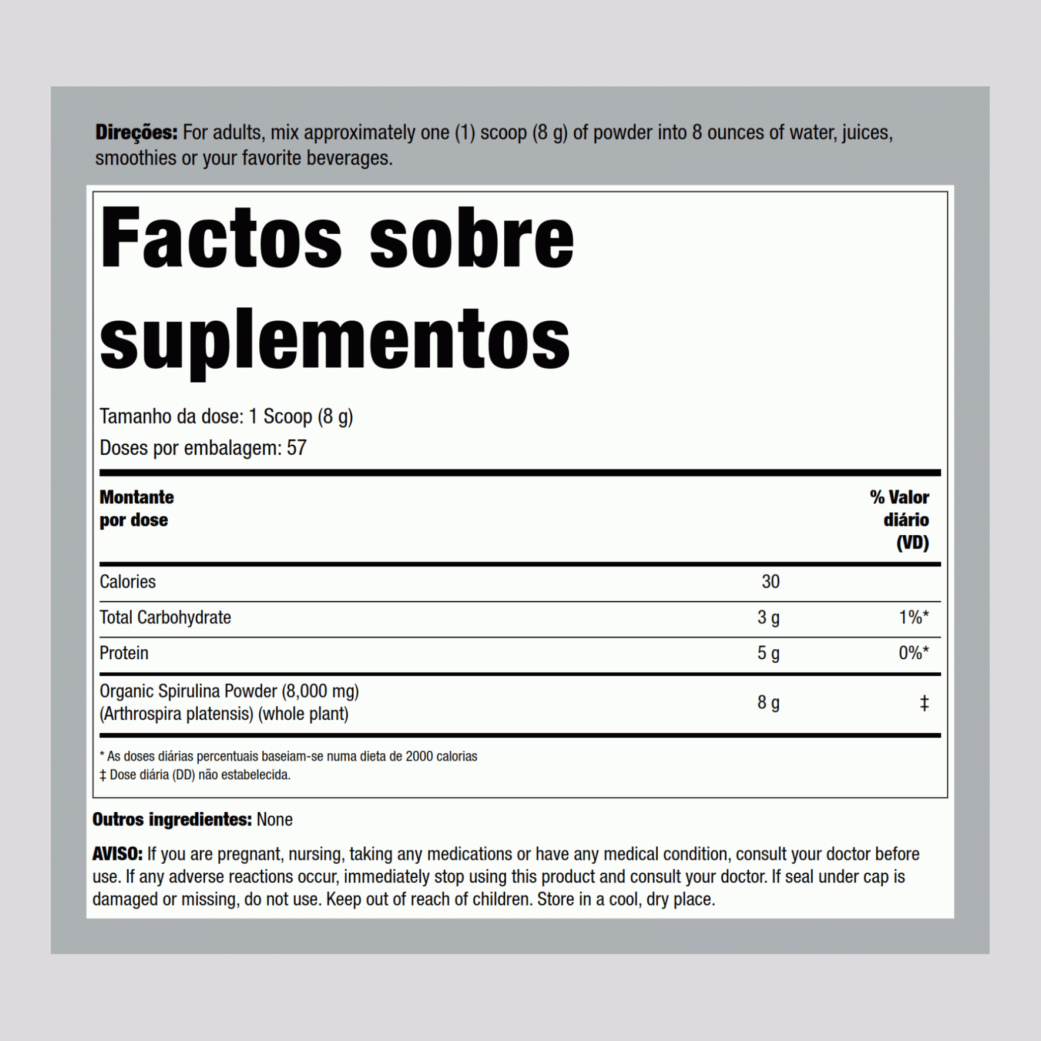 Spirulina em pó (orgânica) 1 lb 454 g Frasco