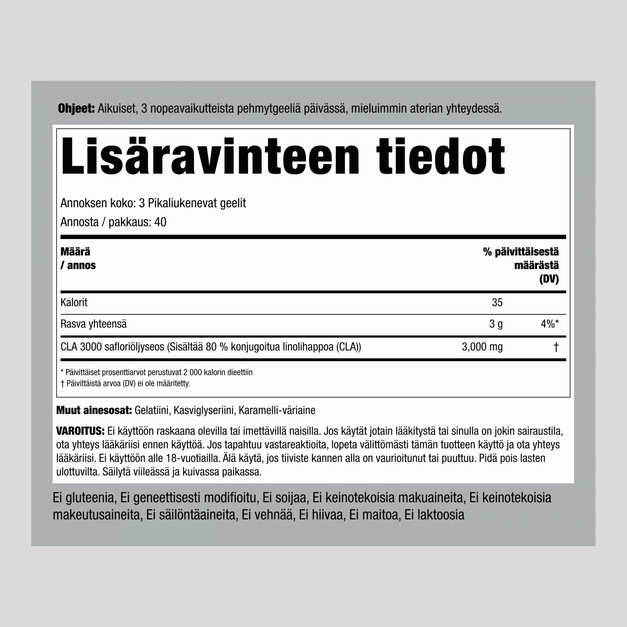 CLA 3000 (Terapeuttinen), 3000 mg (annosta kohti), 120 pikaisesti vapautuvaa pehmytkapselia