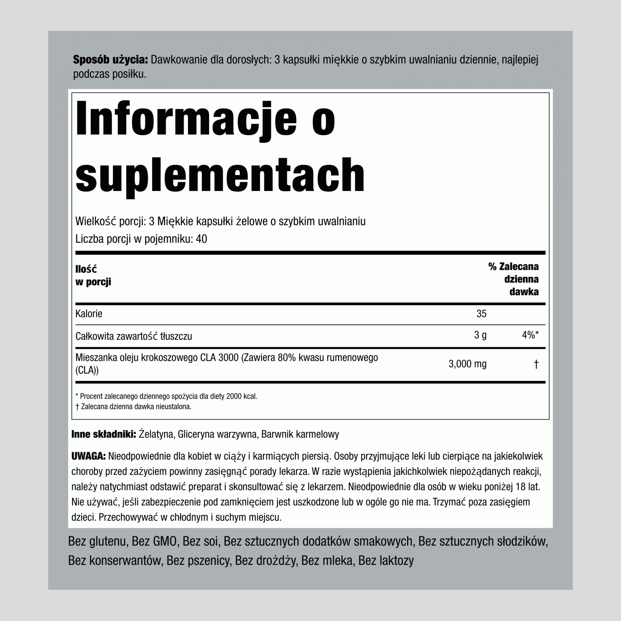 CLA 3000 (Teraputyczne), 3000 mg (na porcję), 120 Szybkouwalniających Kapsułek