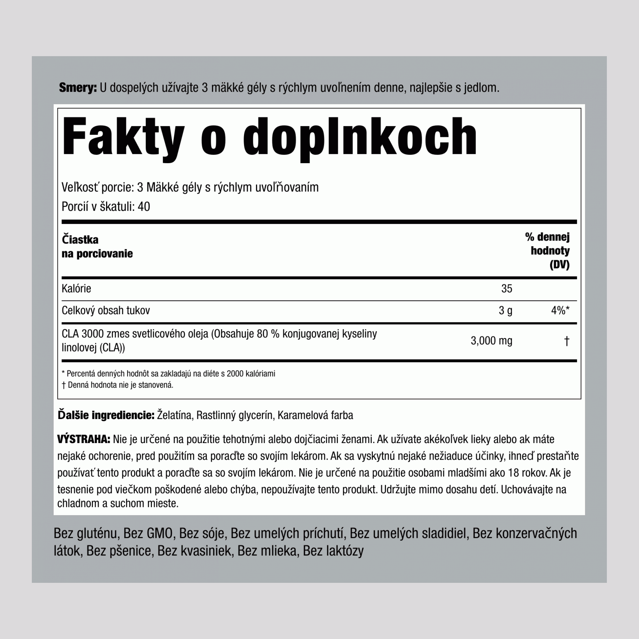 CLA 3000 (Terapeutické), 3000 mg (na porciu), 120 rýchlo uvoľňujúcich mäkkých kapsúl