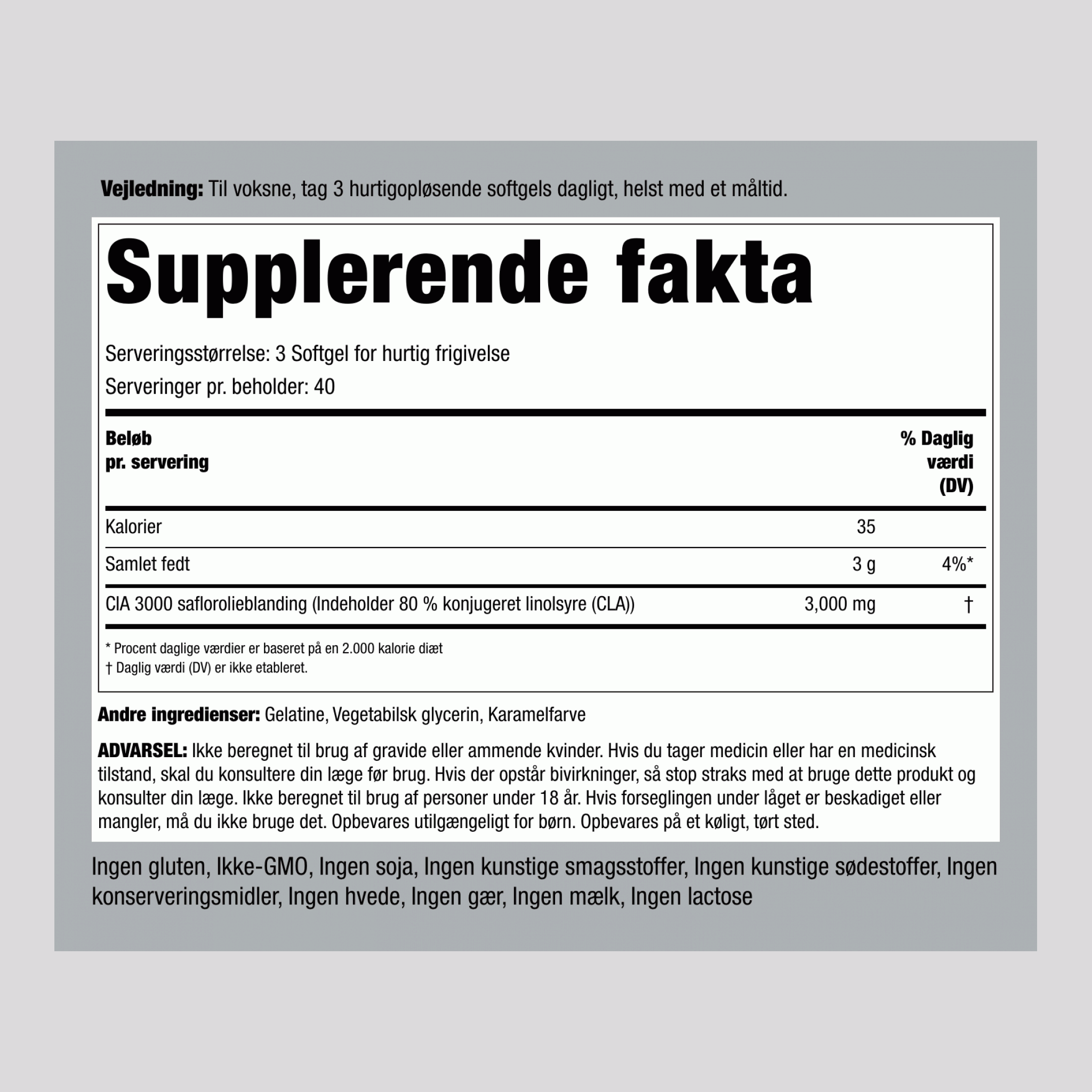 CLA 3000 (Terapeutisk), 3000 mg (pr. portion), 120 hurtigudløsnings softgels, 2 flasker