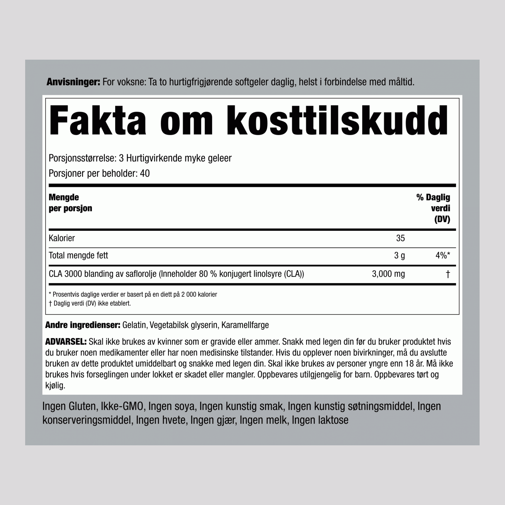 CLA 3000 (Terapeutisk), 3000 mg (per porsjon), 120 Hurtigutløsende Myke Gelkapsler, 2 Flasker