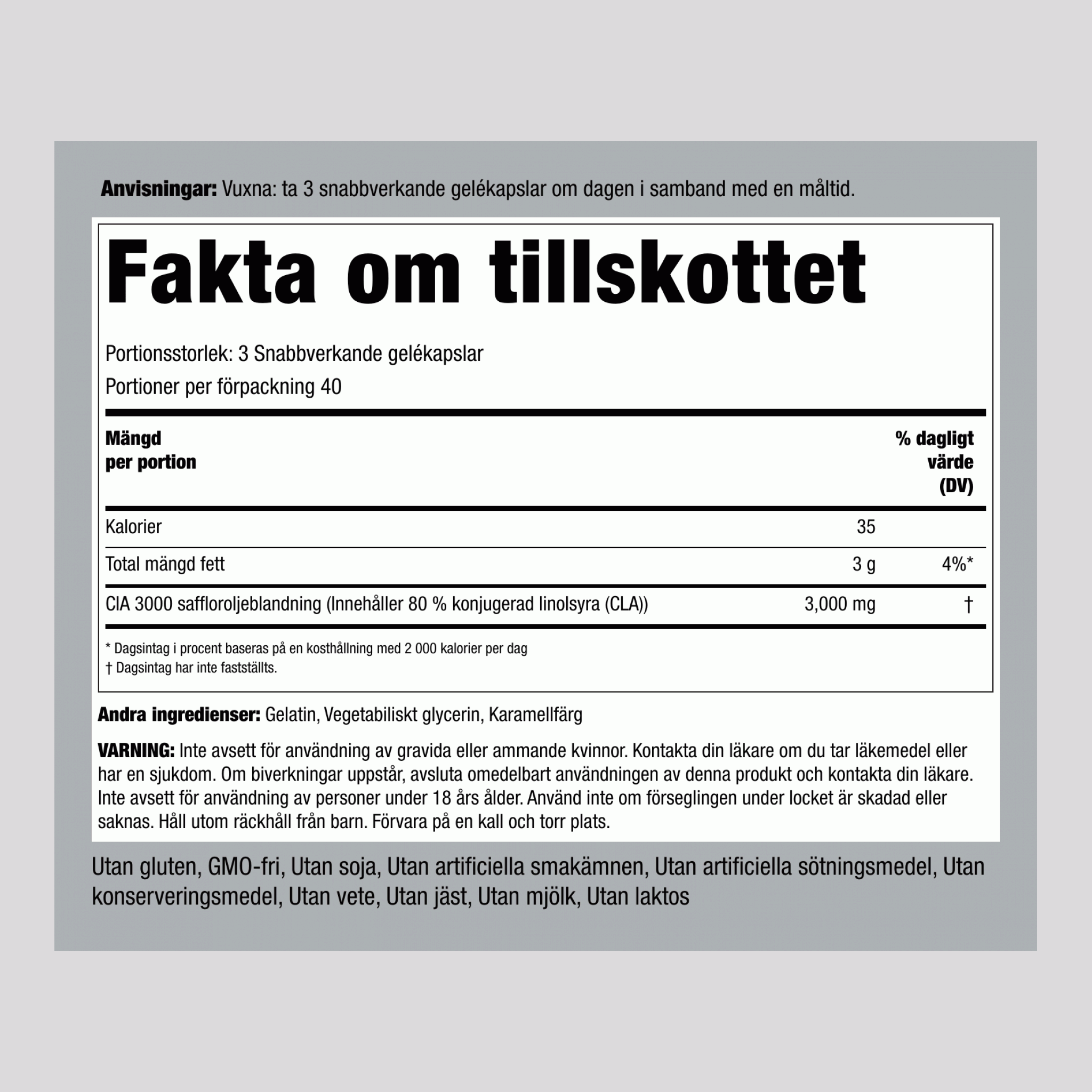 CLA 3000 (Terapeutisk), 3000 mg (per portion), 120 Snabbfrigörande Mjukgelkapslar, 2 Flaskor