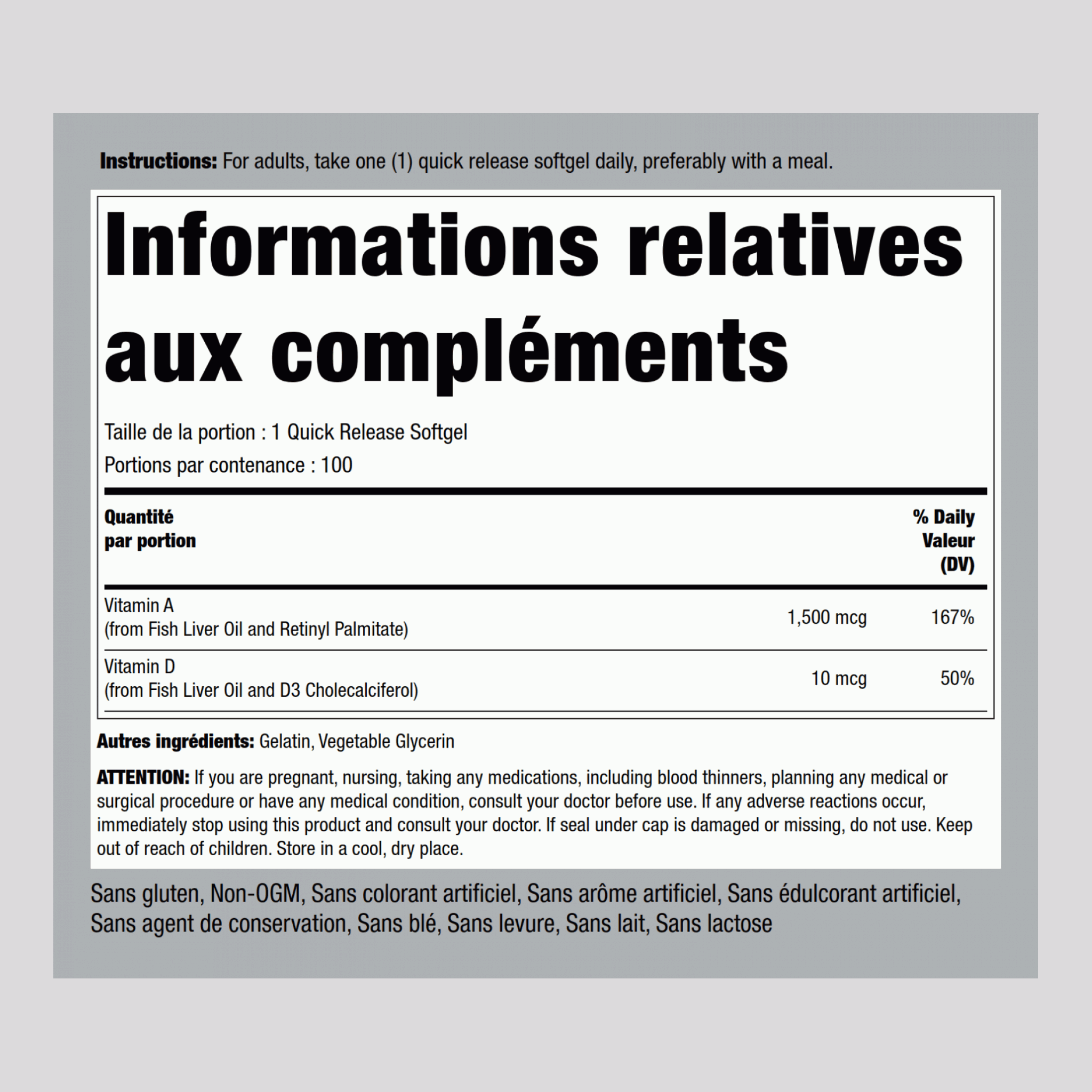 Vitamine A et D, (10 000 UI/1000 UI) 100 Capsules molles à libération rapide       