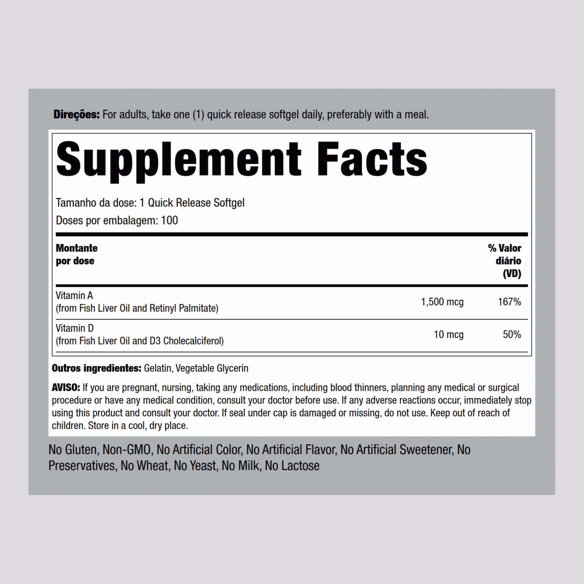 Vitamina A e D, (10.000 UI /1.000 UI) 100 Gels de Rápida Absorção       