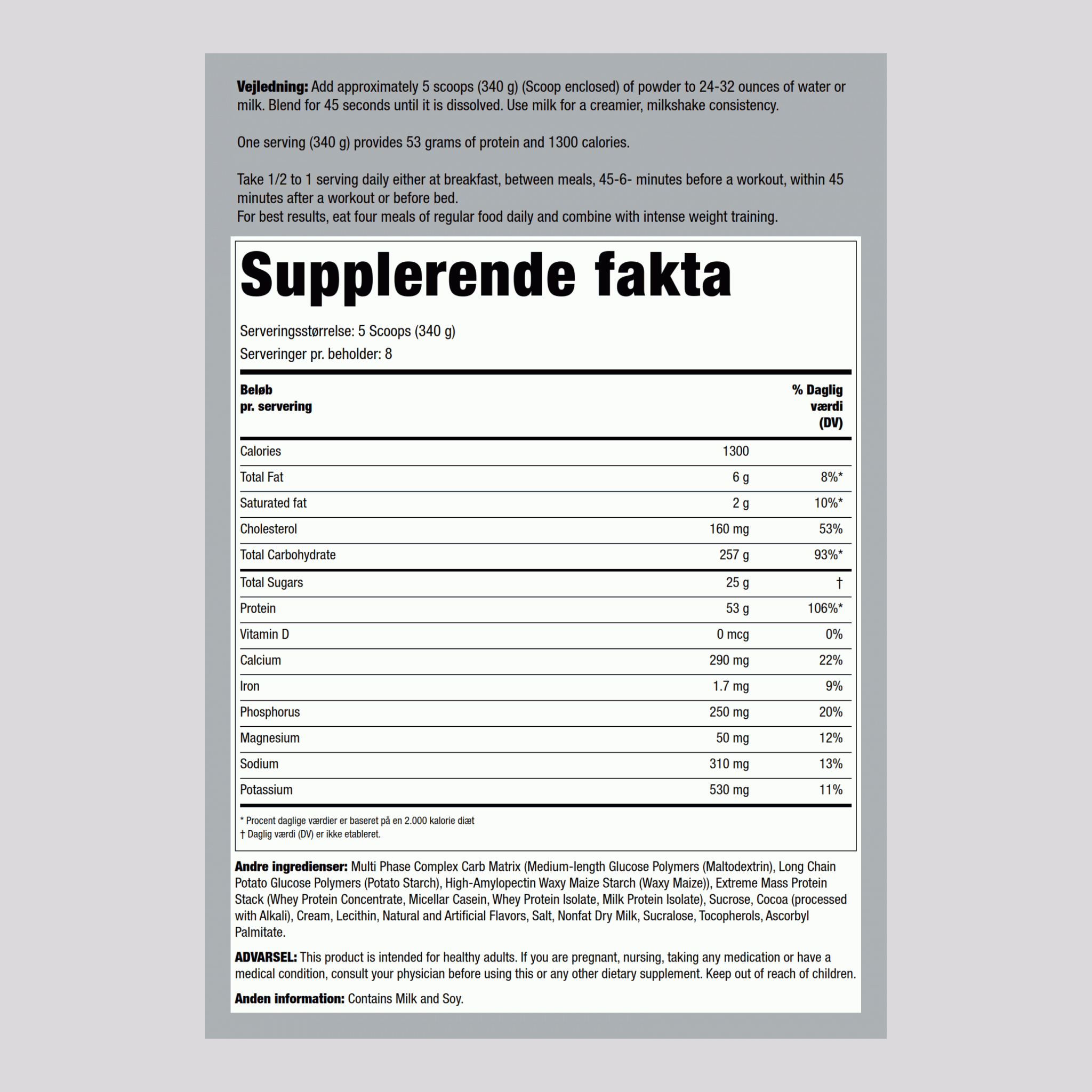 Mass Gainer 1300 (Kolossal chokolade) 6 pund 2.721 Kg Flaske    