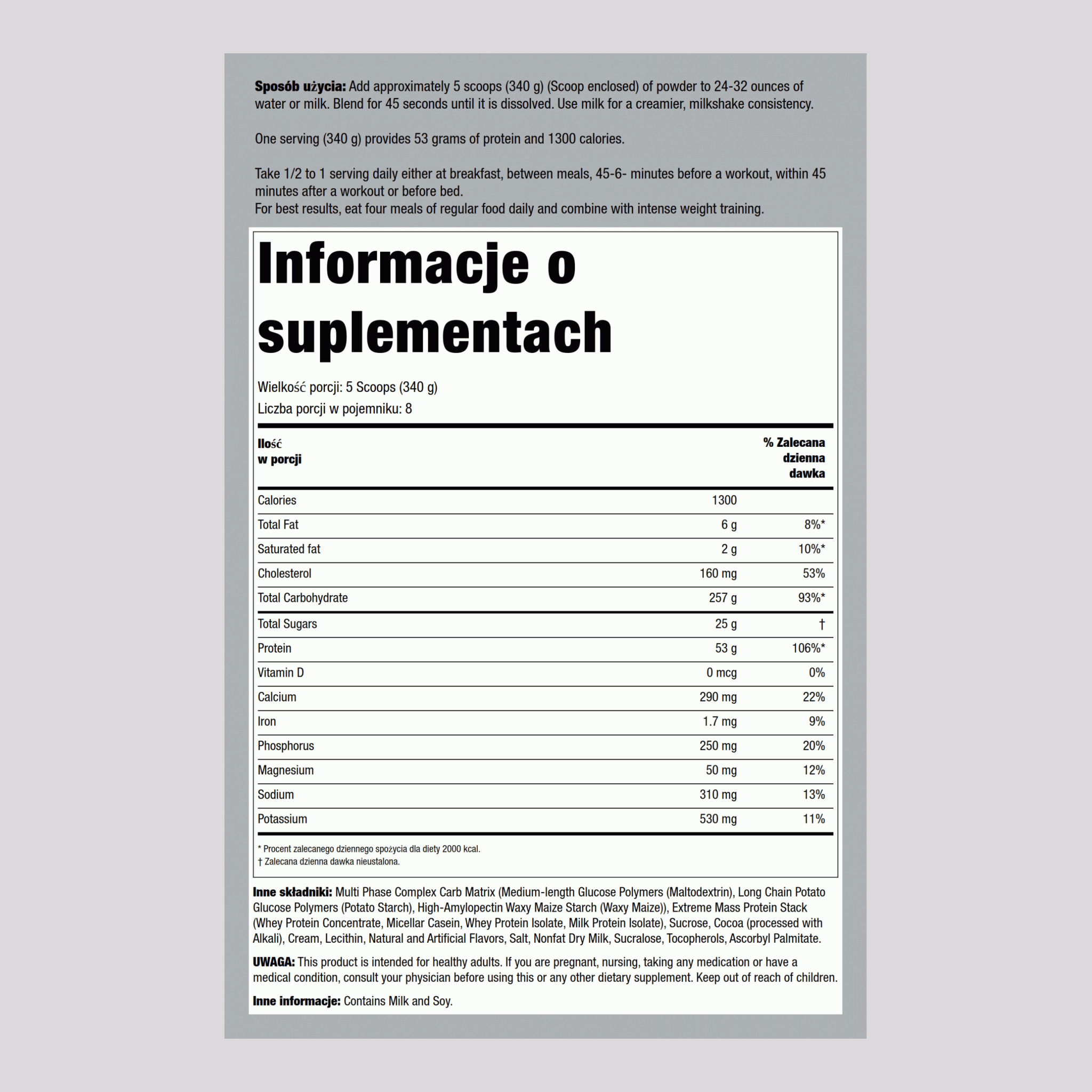 Mass Gainer 1300 (kolosalnie czekoladowy) 6 lb 2.721 Kg Butelka    