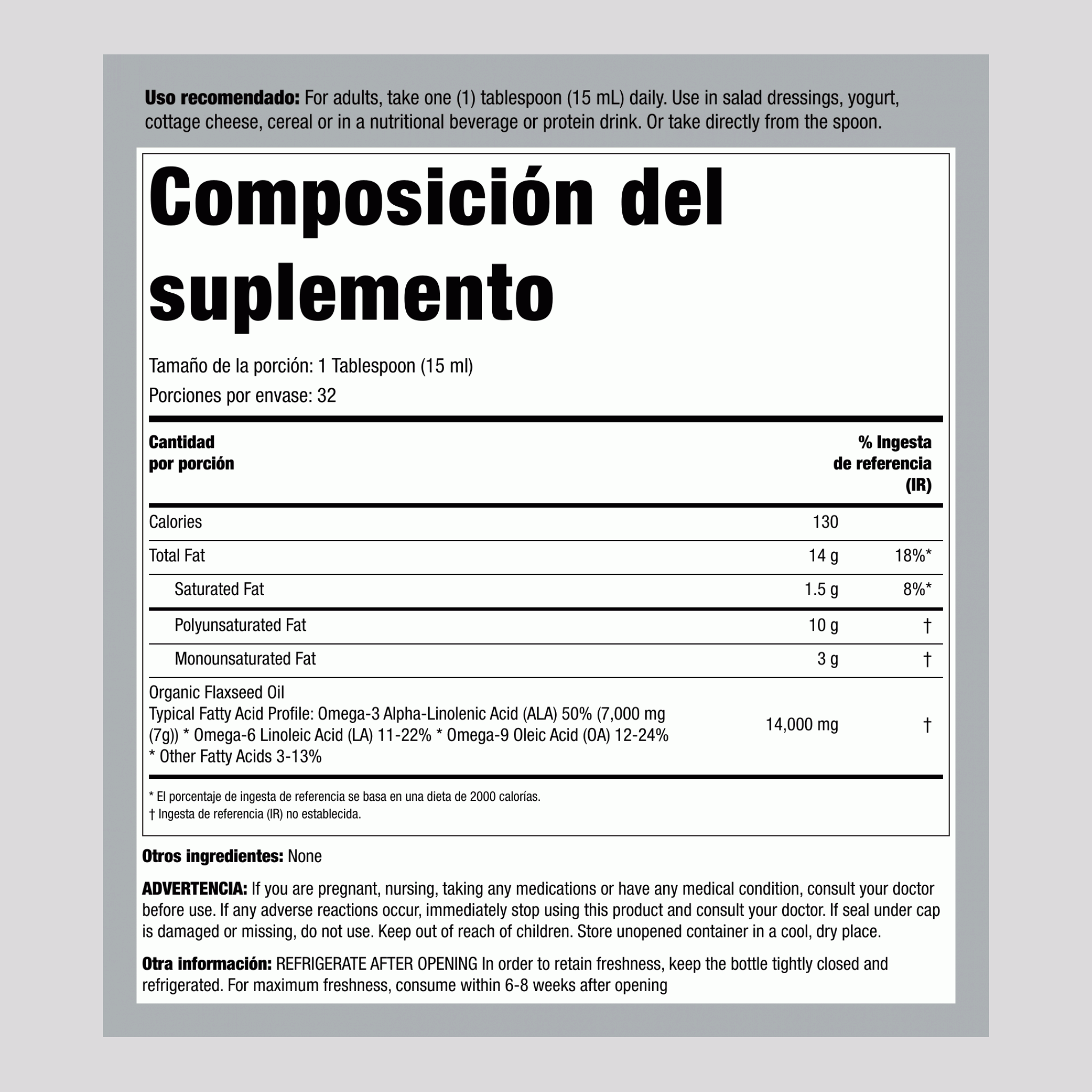 Aceite de lino (Orgánico) 16 fl oz 473 mL Botella/Frasco    