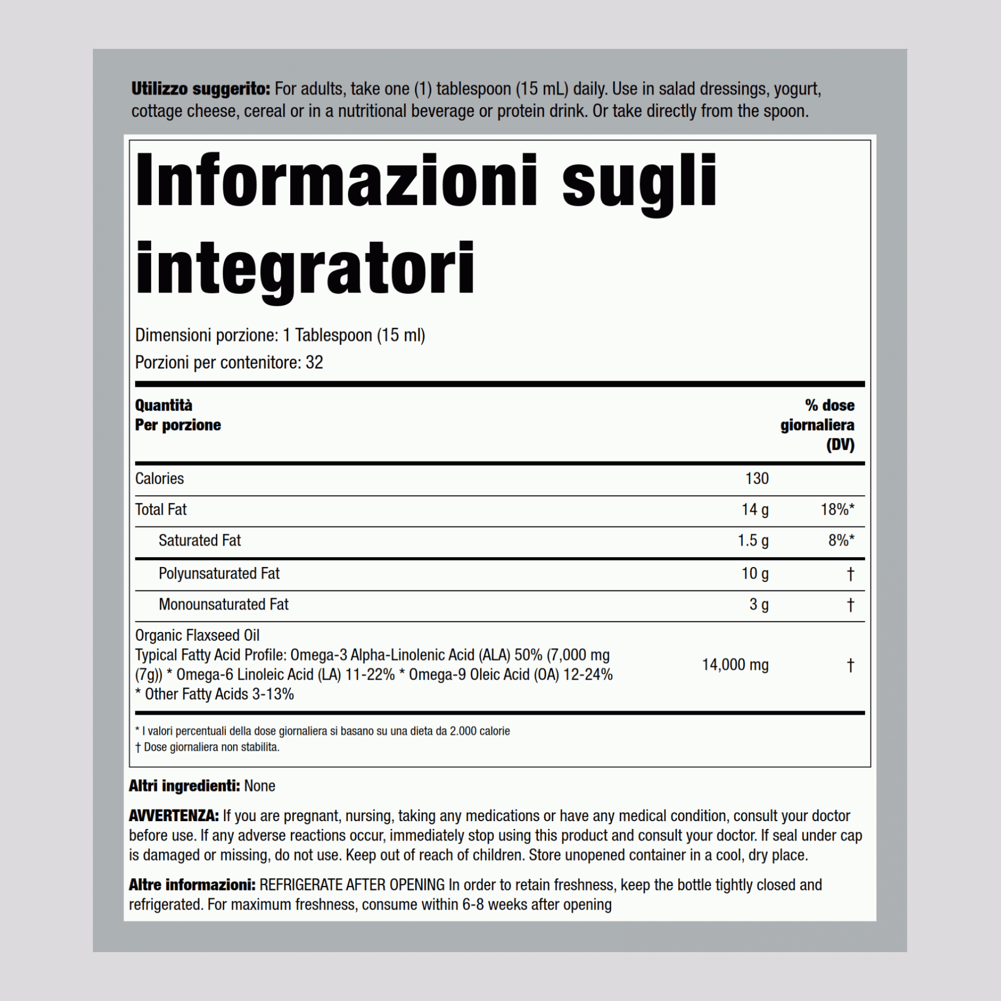 Olio di lino (Biologico) 16 fl oz 473 mL Bottiglia    