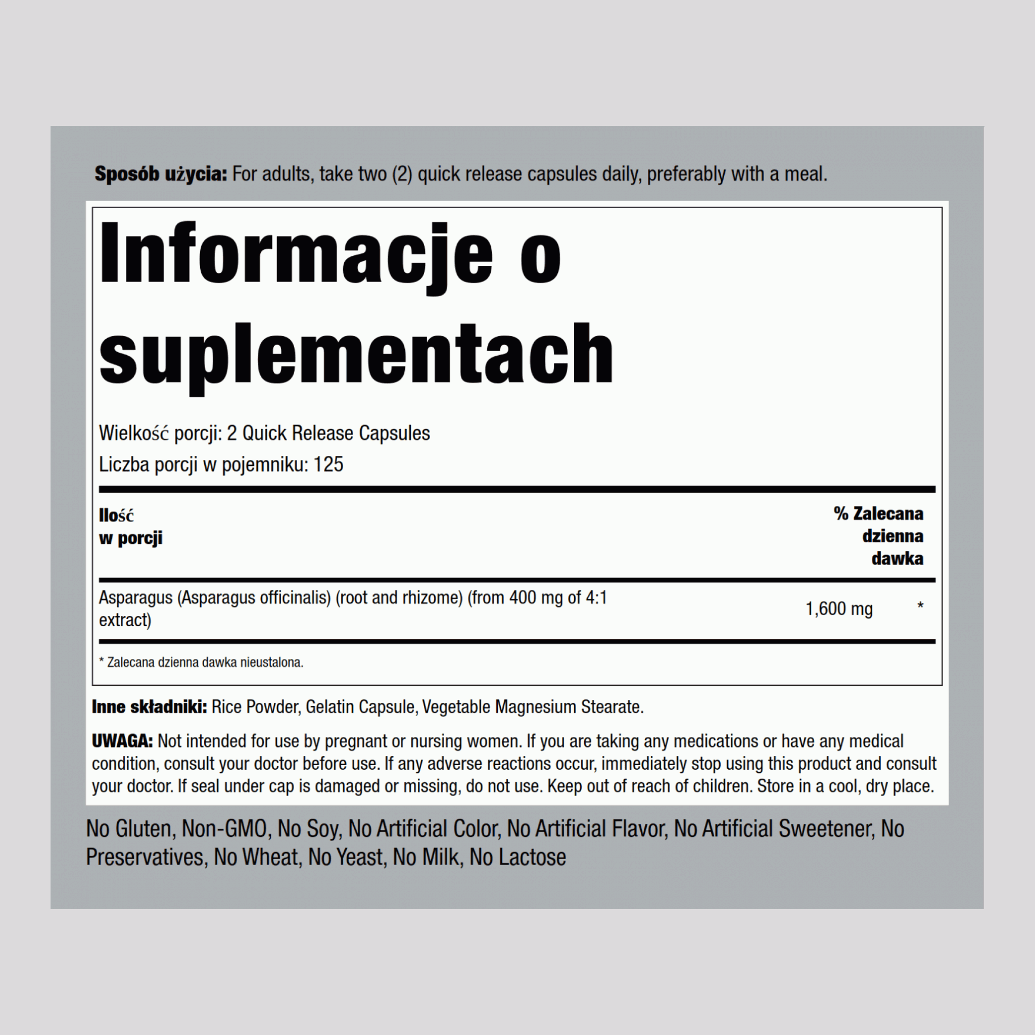 Szparag lekarski  1600 mg (na porcję) 250 Kapsułki o szybkim uwalnianiu     