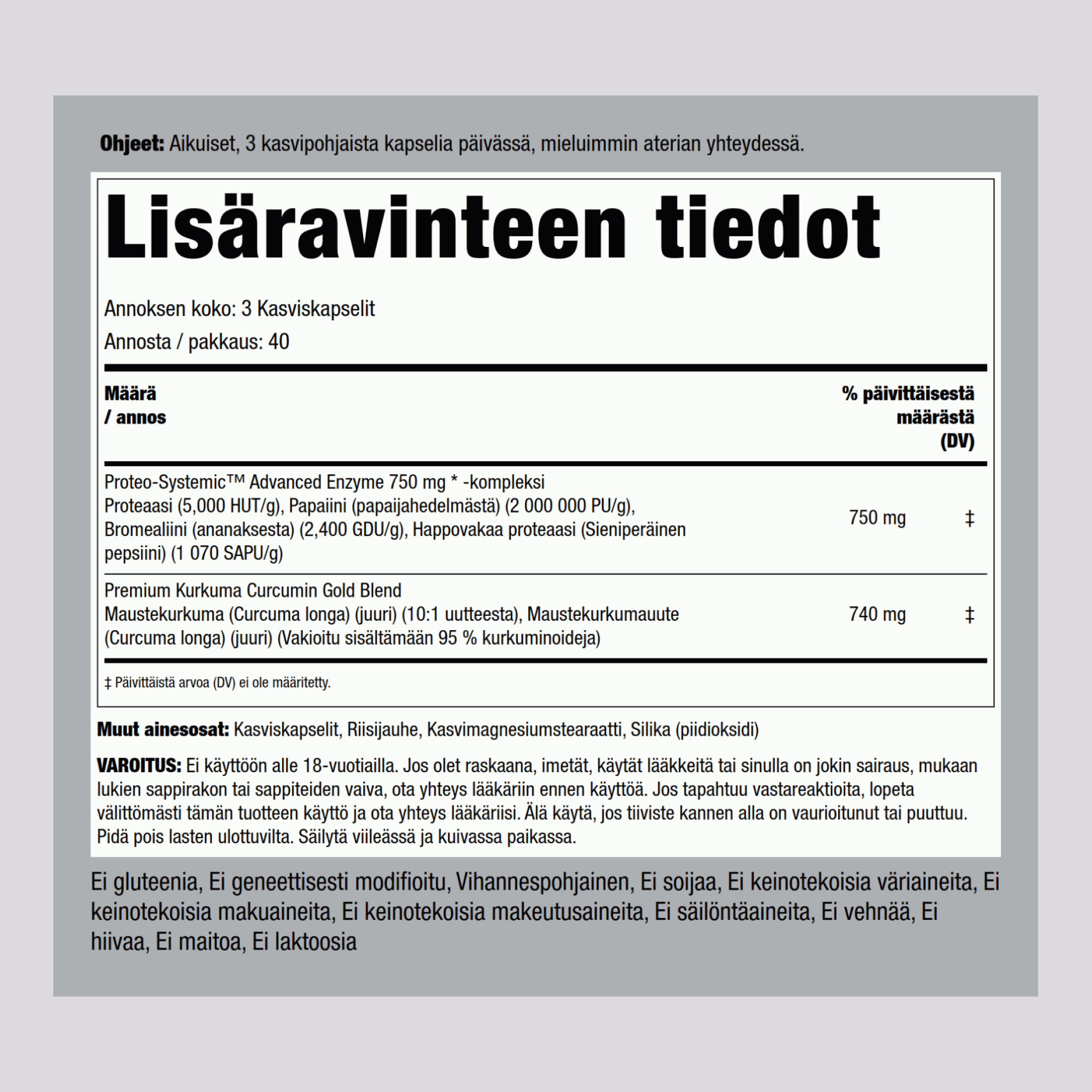 Proteolyyttiset entsyymit, 120 Kasviskapselit