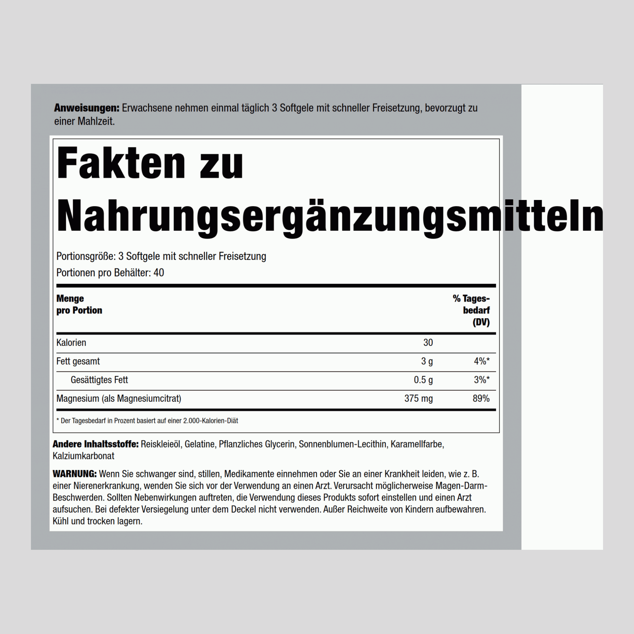 Magnesiumcitrat  375 mg (pro Portion) 120 Softgele mit schneller Freisetzung    