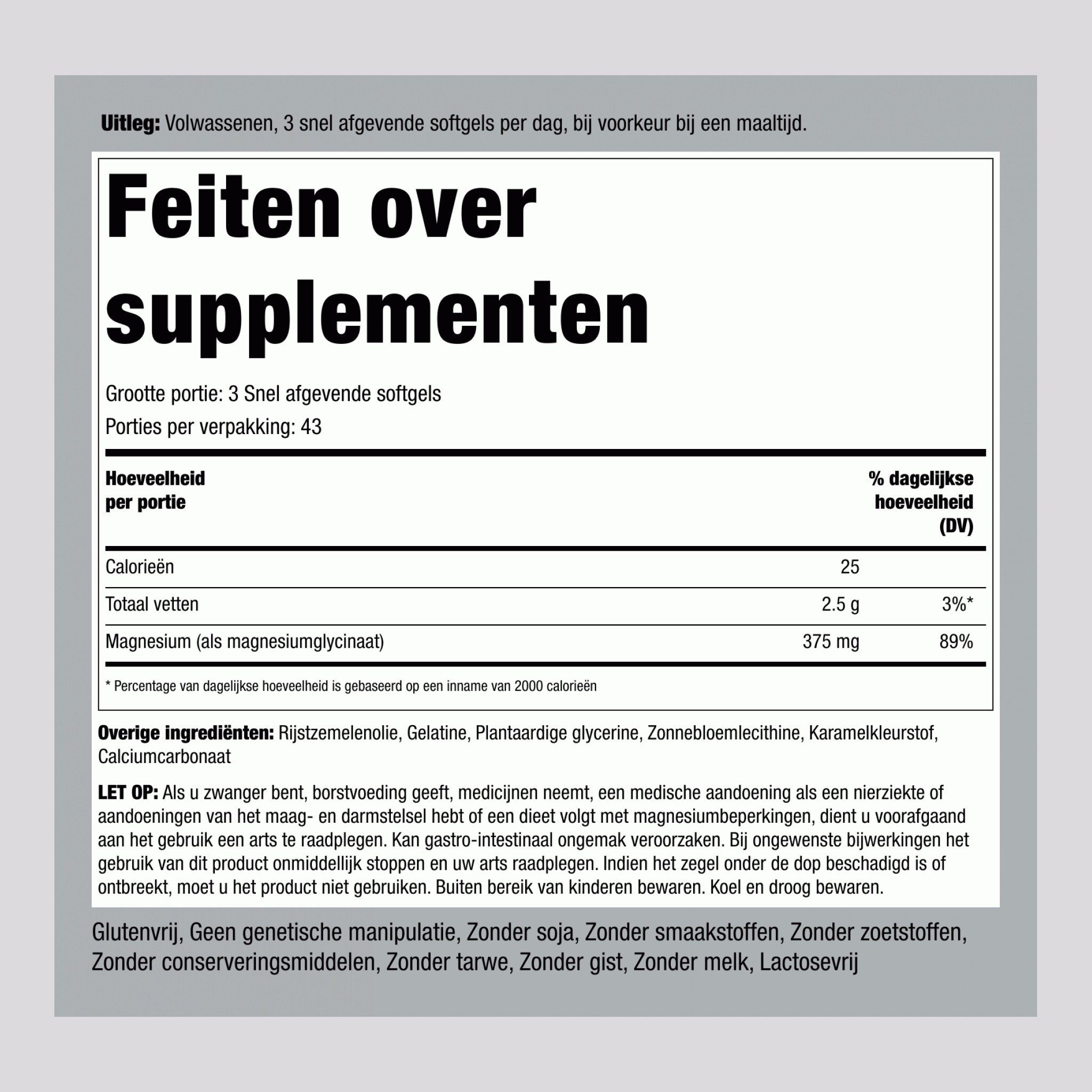 Magnesiumglycinaat  375 mg (per portie) 130 Snel afgevende softgels    