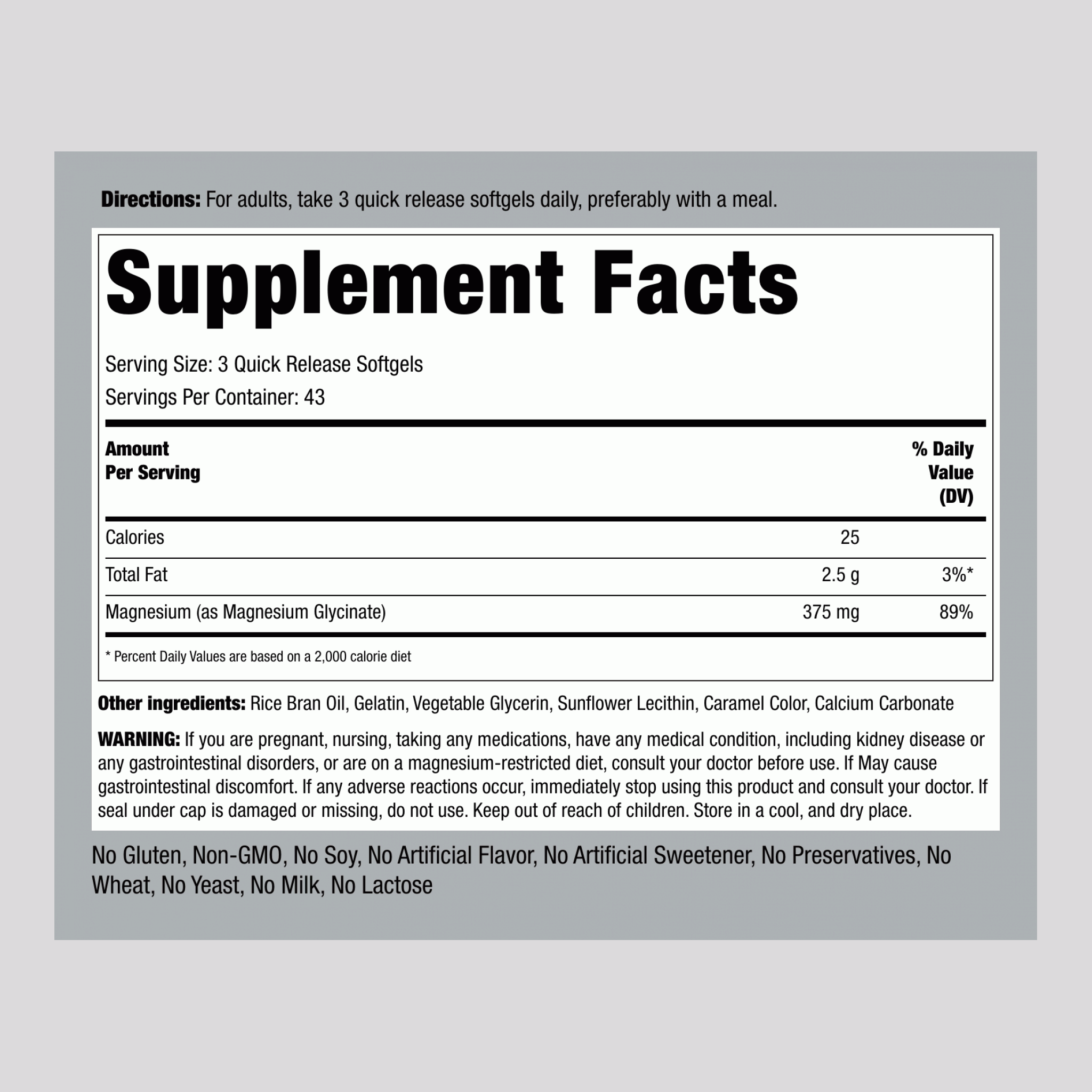 Magnesium Glycinate, 375 mg (per serving), 130 Quick Release Softgels, 2  Bottles
