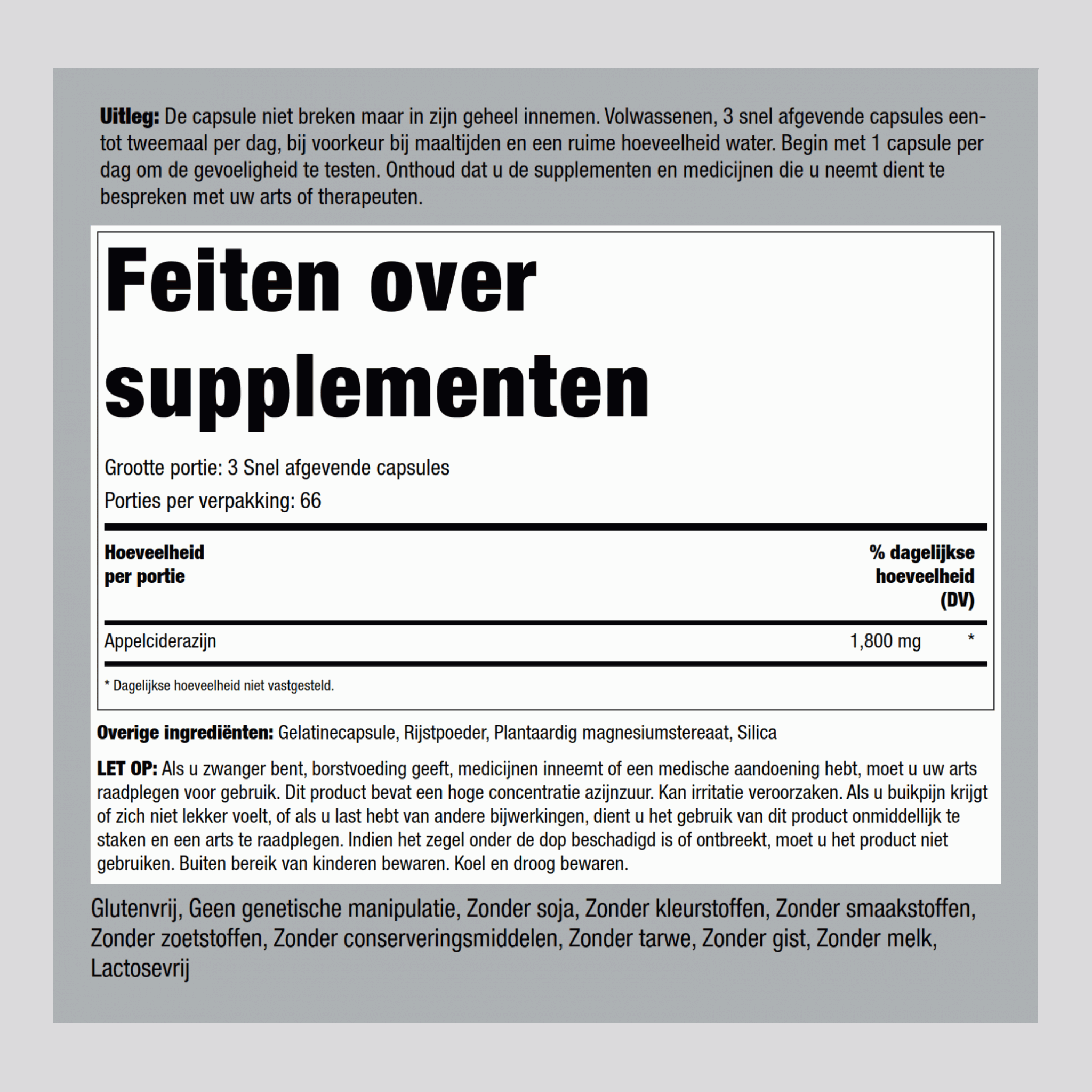 Mega effectieve appelciderazijn  1800 mg (per portie) 200 Snel afgevende capsules 2 Flessen   