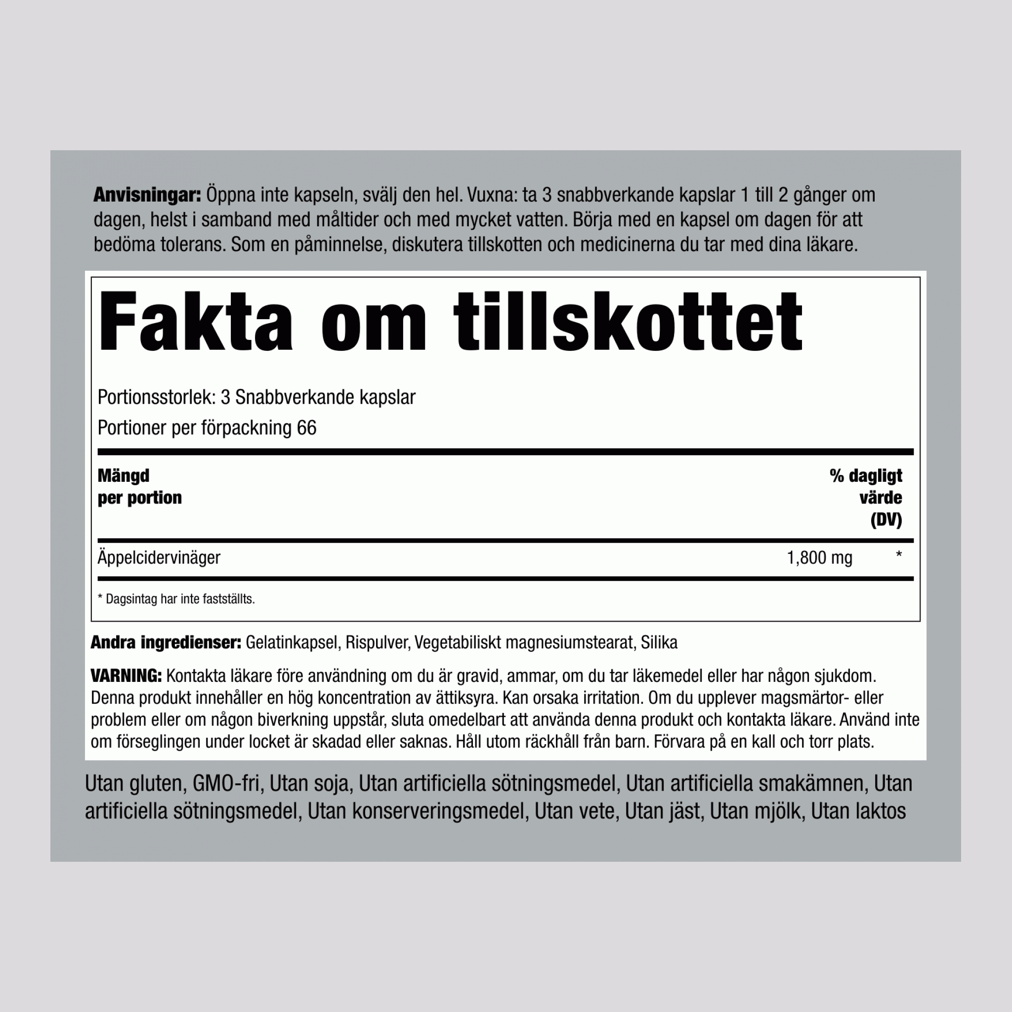 Jabolčni kis z visoko učinkovitostjo  1800 mg (na porcijo) 200 Kapsule s hitrim sproščanjem 2 Steklenice   