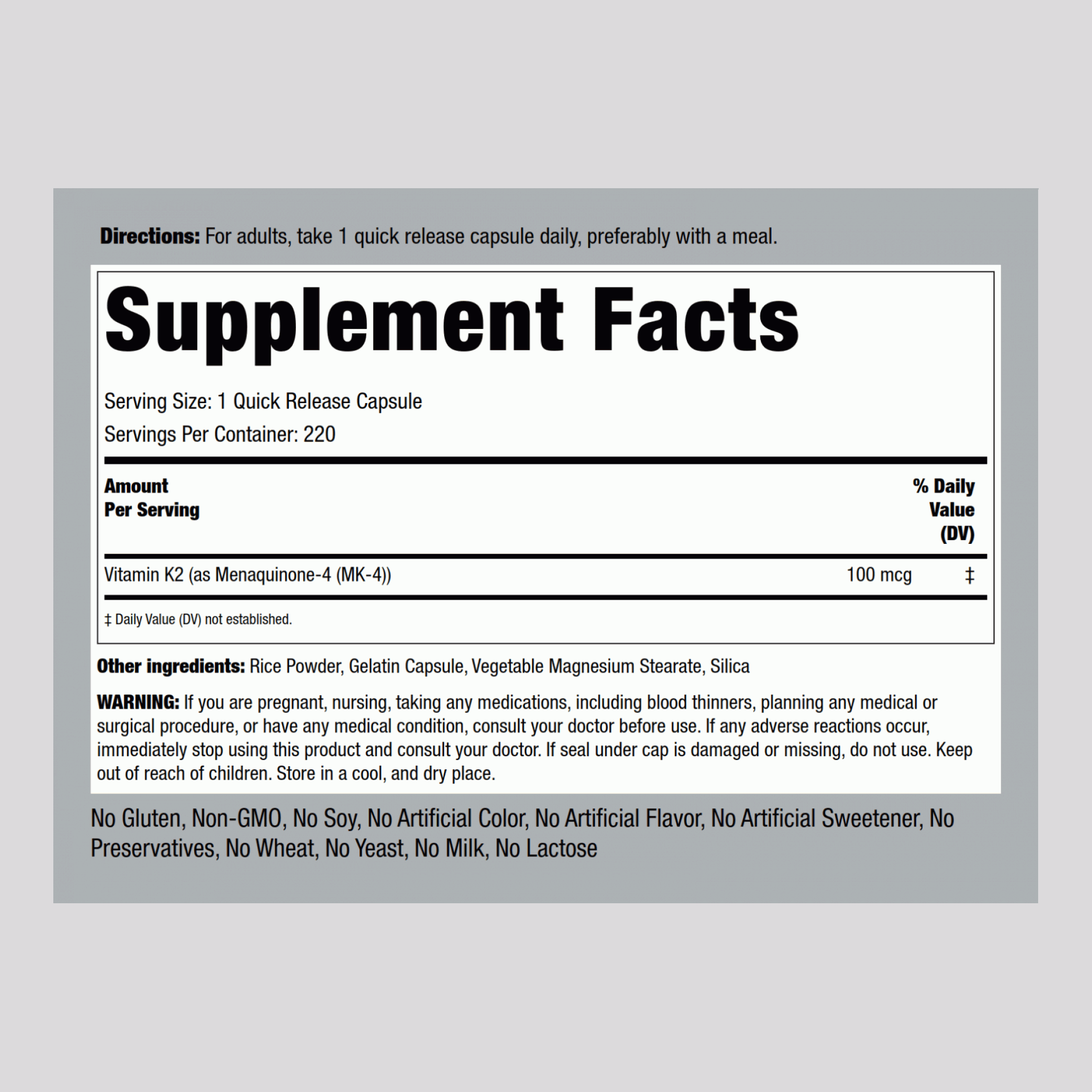Vitamin K-2 with MK-4, 100 mcg, 220 Capsules